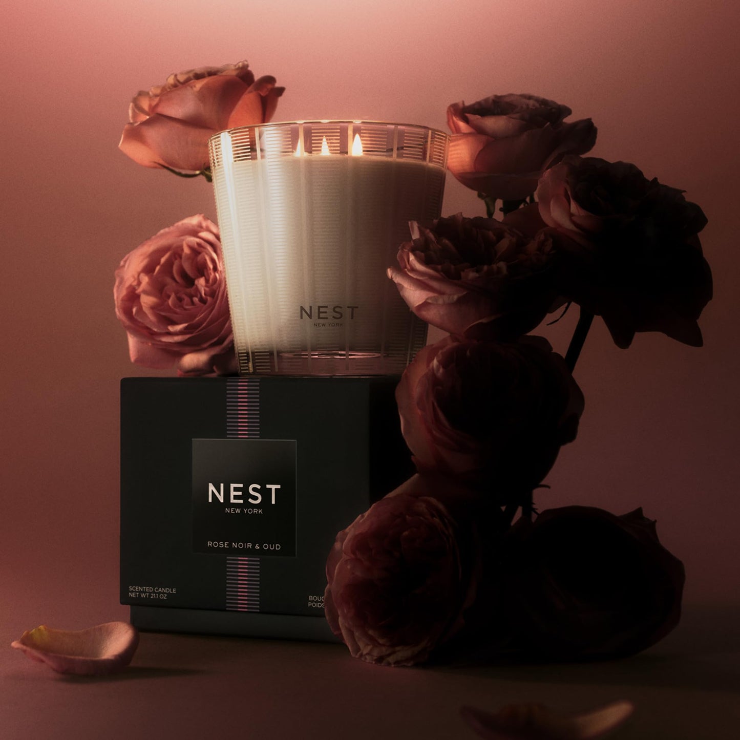 NEST New York Scented 3-Wick Candle, Rose Noir & Oud - 21.2 oz - Up to 100-Hour Burn Time - Reusable Glass Vessel