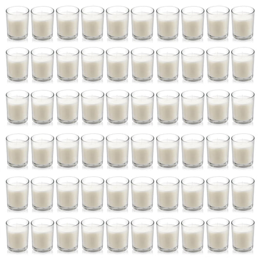 Housecret 60 Pack Warm White Unscented Clear Glass Filled Votive Candles. Hand Poured Wax Candle Ideal Gifts for Aromatherapy Spa Weddings Birthdays Holidays Party