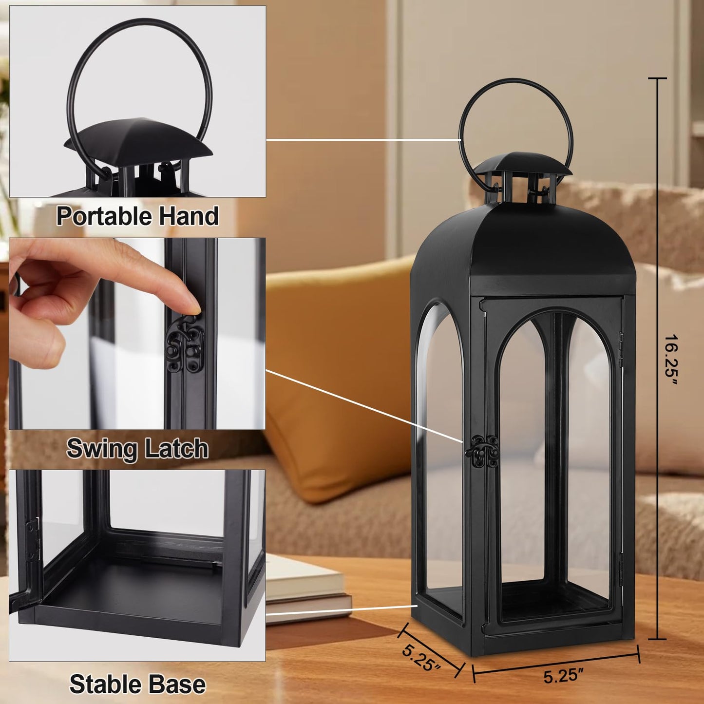 Damsico Lantern Decorative Indoor & Outdoor, 16.5IN Large Hanging Candle Lanterns, Black Metal Decorative Candle Lanterns, Waterproof Hanging Lantern for Porch Patio Wedding Home