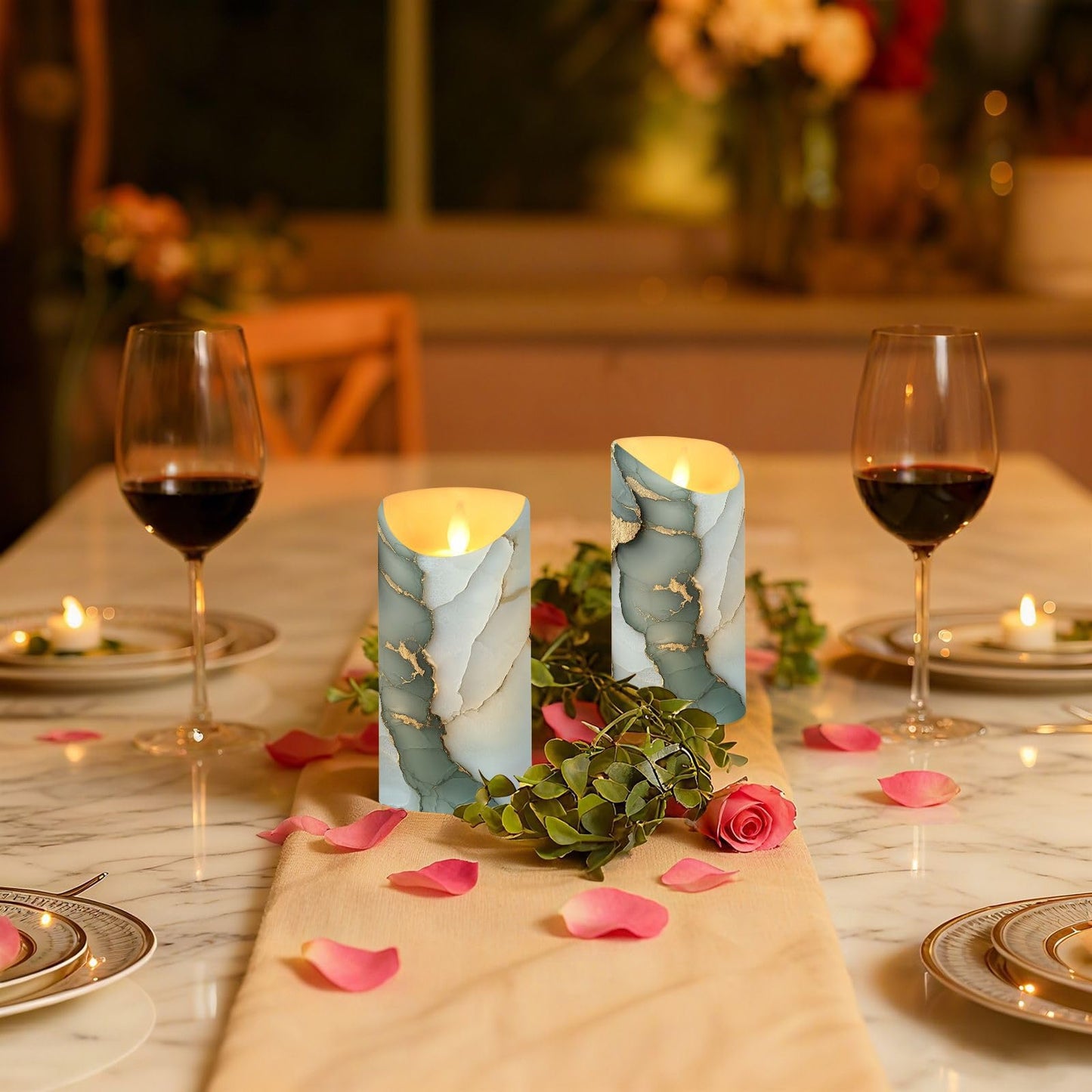 famyily Waterproof Outdoor LED Candles with Timer 2/4/6/8H Reusable Battery Operated Fake Candles for New Year’s Eve Party 5.9x3in - Marble Sage Green White