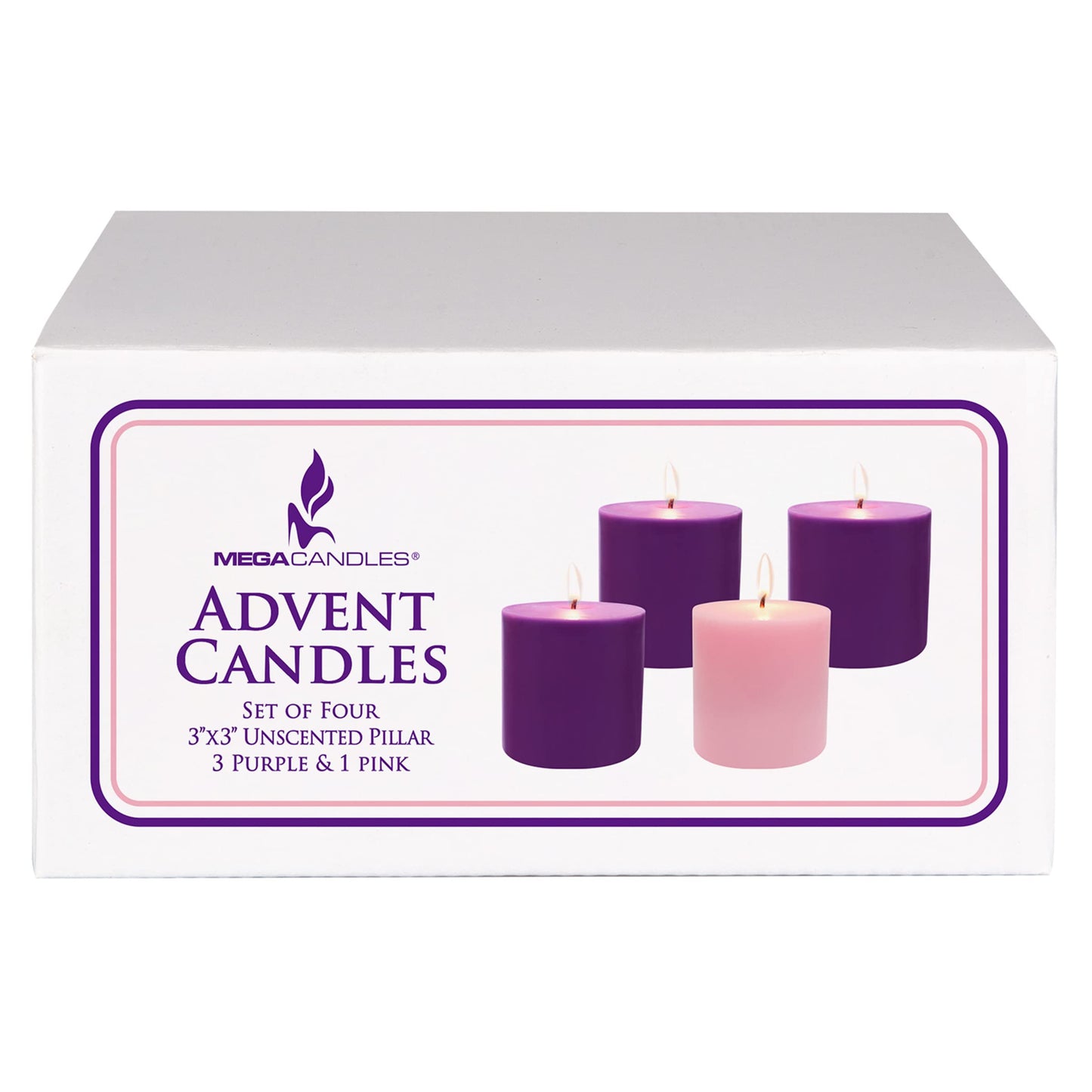 Mega Candles 4 pcs Unscented Christmas Advent Candles Set, Hand Poured Premium Wax Round Pillar Candle 3 Inch x 3 Inch, Holidays, Occasions, Events, Festivities, Devotional, Church, Wreath, Gifts