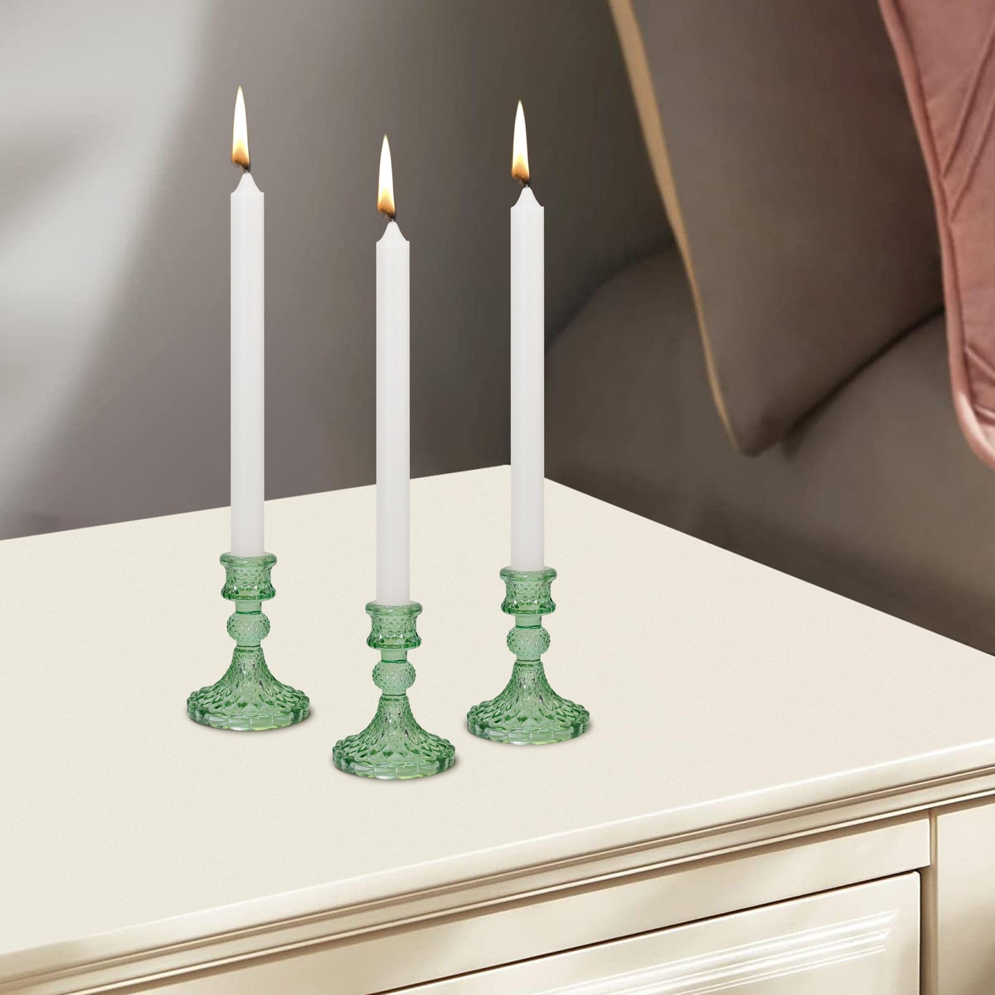 Glass Candlestick Holder Taper and Pillar Candle Holder, Desktop Decoration for Wedding Dinning Party-3 pcs(Green)