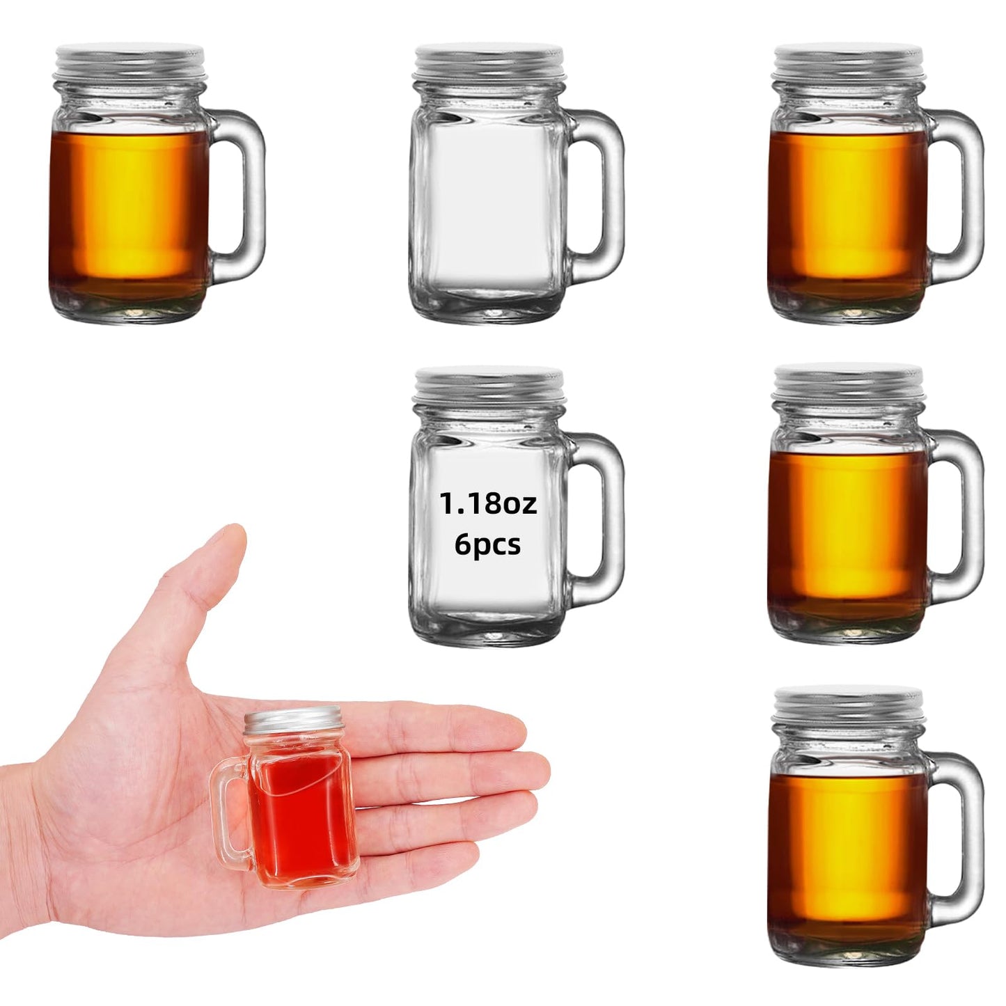 eispap 6 Pcs Mini Mason Jar with Handles,1.7oz/50ml,Premium Shot Glasses with Leakproof Lids for Drink,Dessert,Condiments,Jams,Candle,Craft (6)
