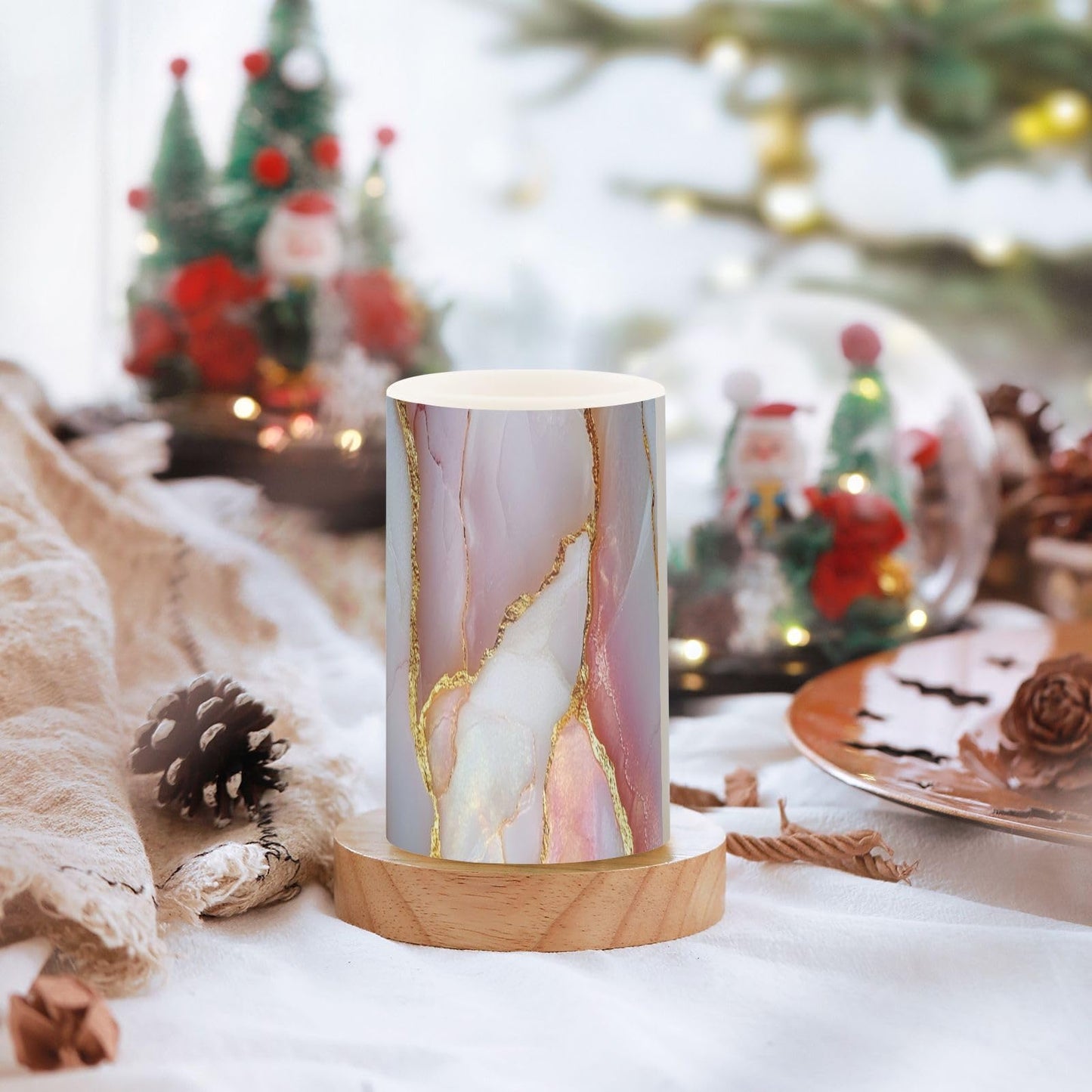 Flameless Pillar Candle Battery Powered Led Pillar Candles for Outdoor Marble Blush White