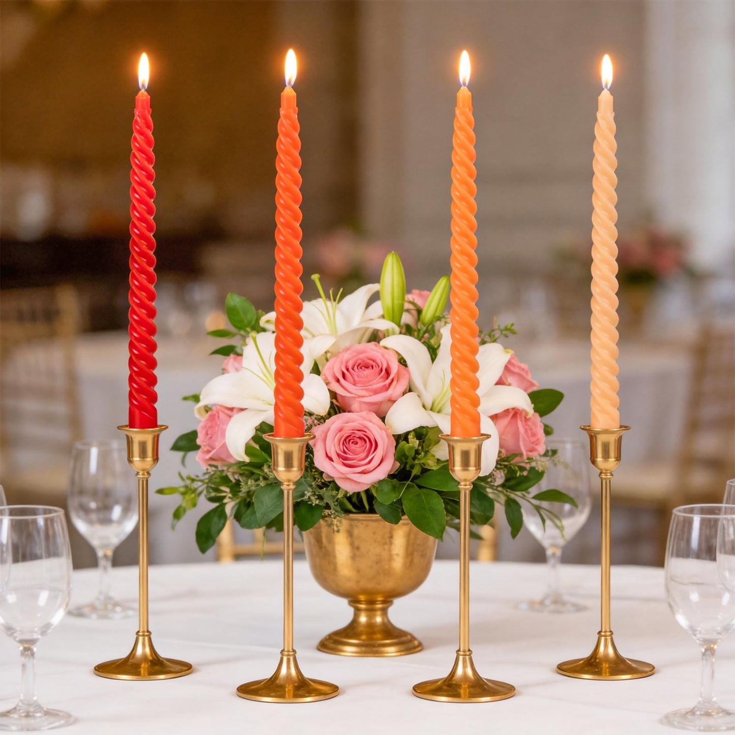 Orange Spiral Taper Candles, 10 inch Gradient Twisted Candles,4 Pack Unscented and Smokeless Long Burning Candles with Cotton Wicks,Tall Candlesticks,Ideal for Weddings, Dinner Parties, and Home Décor