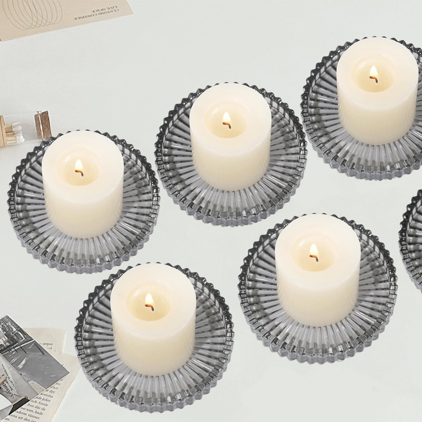 CHOCSTAY Glass Pillar Candle Holder, 4" Gray Candle Plates Set of 6, Glass Candle Holders for Wedding, Party, Holiday, Home Decor, Table Centerpiece