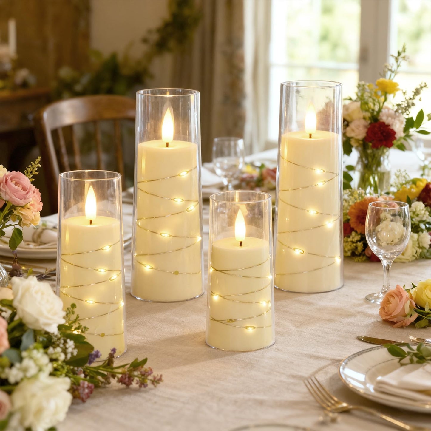 Raycare Flameless Candle with Remote Timer 7 Flickering Acrylic Battery Operated LED Pillar Candles with Embedded Star String for Christmas, Wedding, Home Table Decor, and as a Gift (Ivory White)