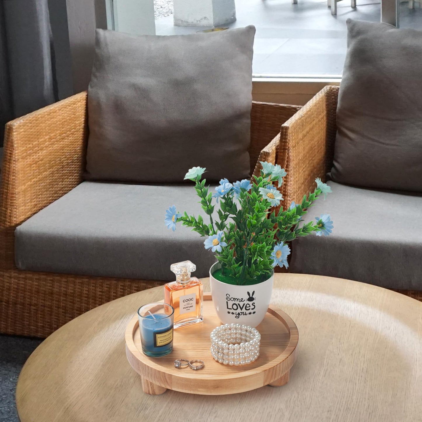 DEAMACE 2 Pcs Wood Riser for Display, Round Wooden Tray Decor, Farmhouse Pedestal Stand, Decorative Riser Tray for Kitchen or Bathroom Counter, Natural