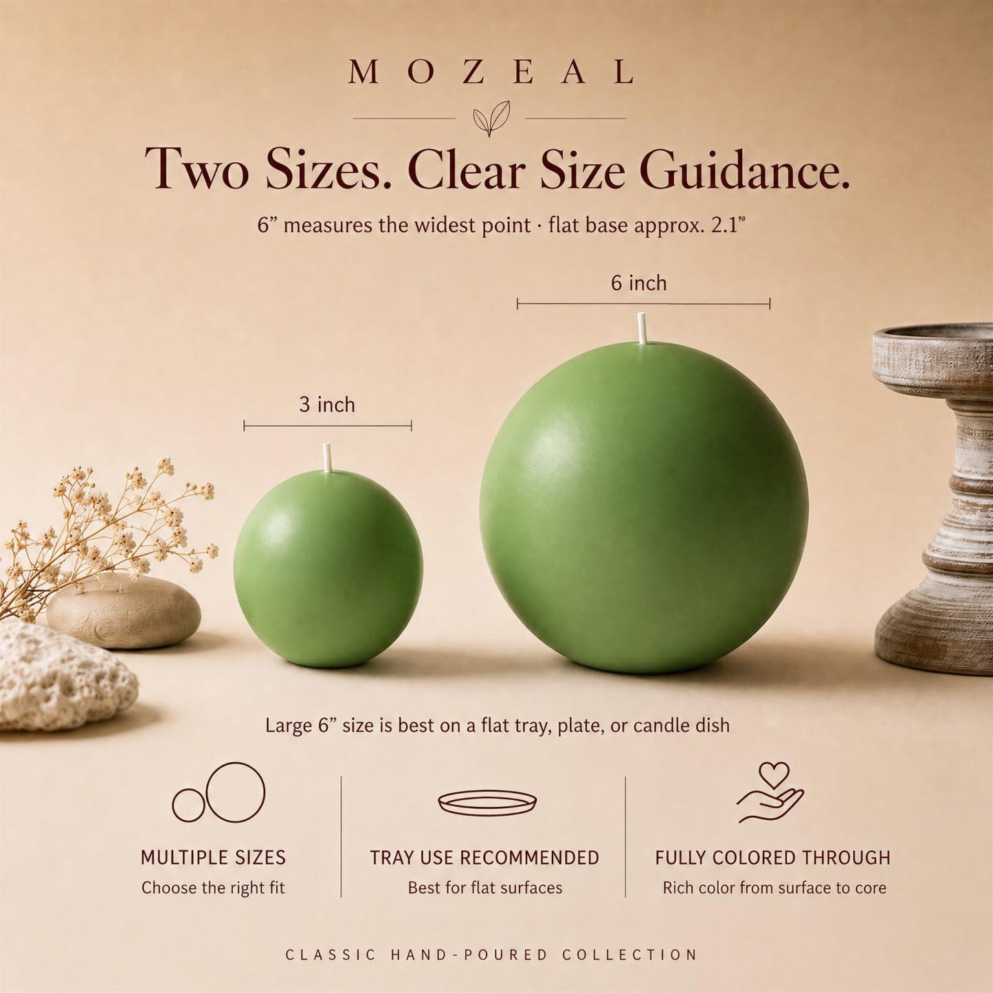 MOZEAL Hand-Poured, 6 Inch Green Large Round Ball Candles - Elegant Green Round Pillar Candles, Dripless, Unscented, Smokeless, Ideal for Spring Celebrations.