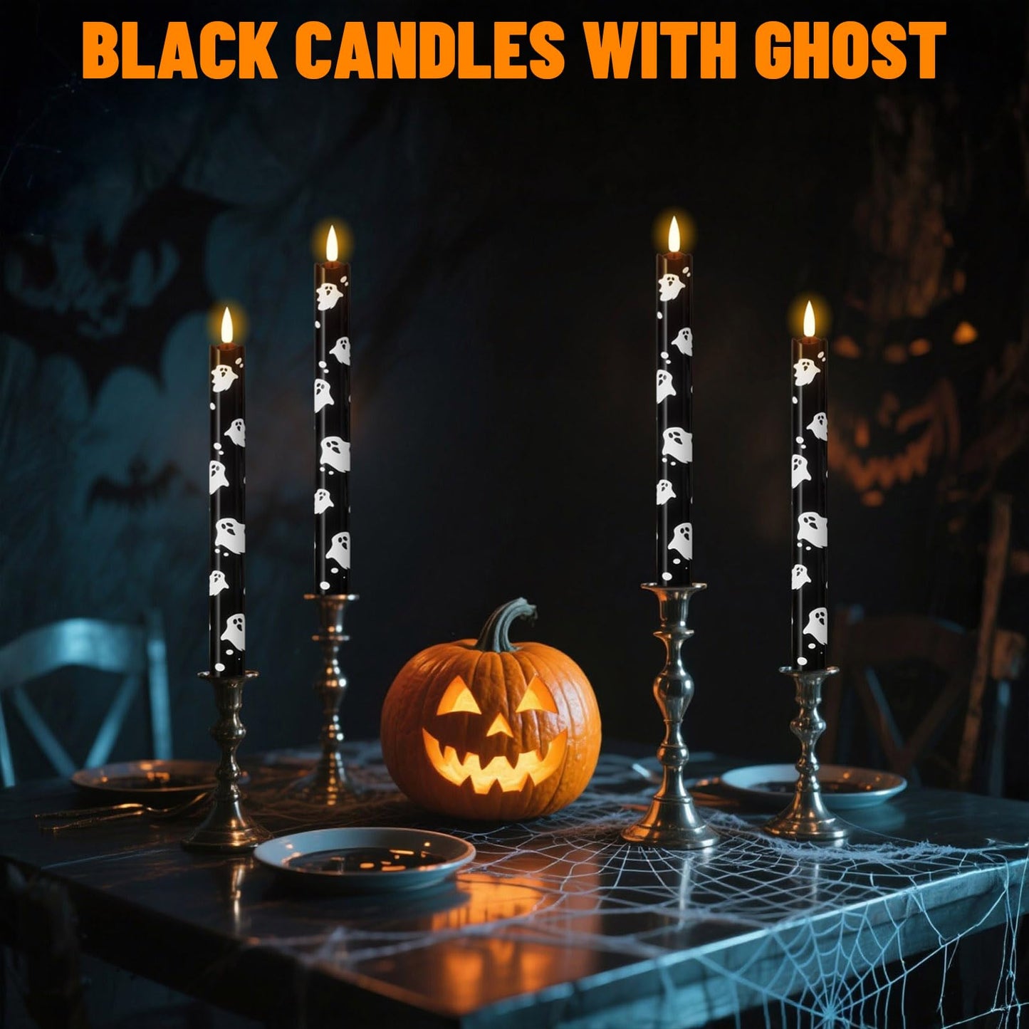 Wondise Black Halloween Flameless Taper Candles with Remote & Timer, Halloween Battery Operated Ghost Candles Waxy with 3D Wick Flickering for Halloween Decorations