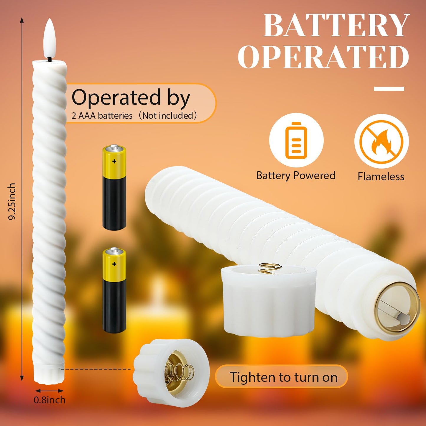 Tuanse 24 Pcs 10 Inch Flameless Twisted Taper Candles LED Flickering Battery Operated Candles Electric Warm Light Candlesticks for Wedding Birthday Party Home Dinner Decor(White)