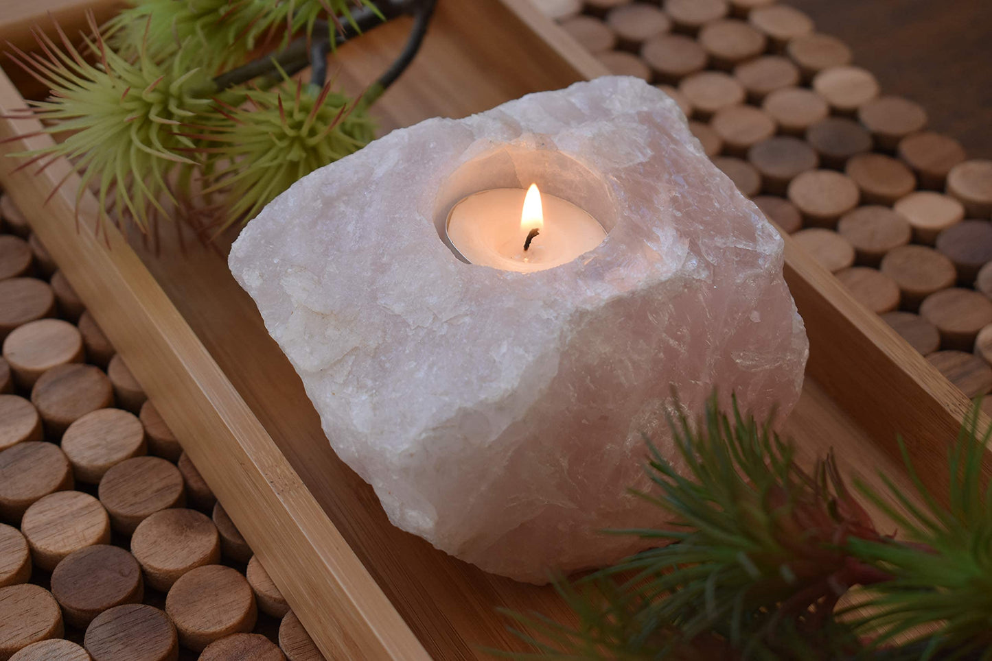 Nature’s Decorations Tealight Candle Holder - Real Rose Quartz Natural Stone Crystal Perfect for Home & Kitchen Geode Decor, and Centerpieces, Ideal as Candlestick Holder, 3 x 3 x 1.5 Inches