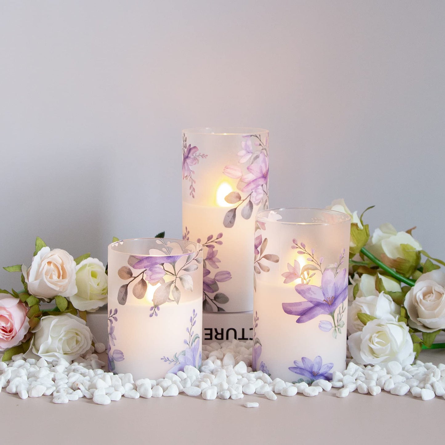 Mavandes Flameless Flickering Glass Candles with Remote and Timer,Purple Flowers LED Battery Operated Real Wax Set of 3 Realistic Wick Electric Pillar Candles,Warm Fire(3 x 4, 5, 6 Inches)