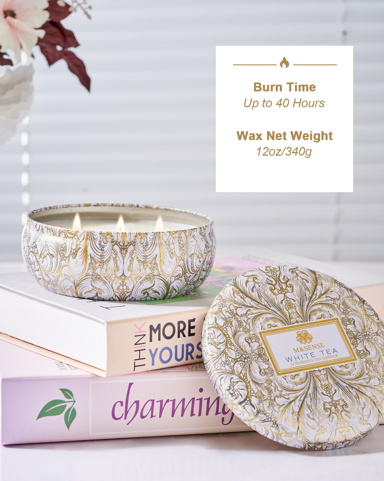 M&SENSE White Tea Scented Candles 12 oz, Large 3 Wick Soy Tin Candle, Over 40 Hour Burning Time, 100% Natural Vegan Wax, Relaxing Aromatherapy Aesthetic Candle Gift for Women Men