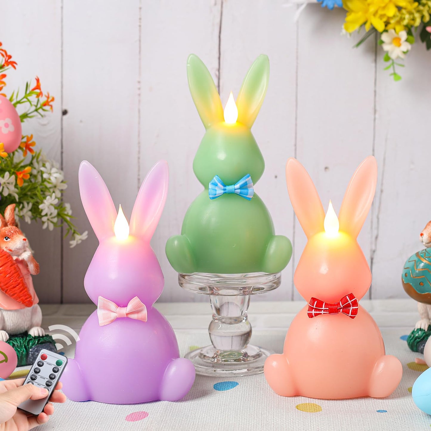 LCZLUMIPRO 3PCS Easter Bunny Flameless Candles, LED Easter Candles Battery Operated Rabbit-Shaped Real Wax Pink Purple Green,Spring Party Decoration Centerpiece Table Home Decor (No Remote)