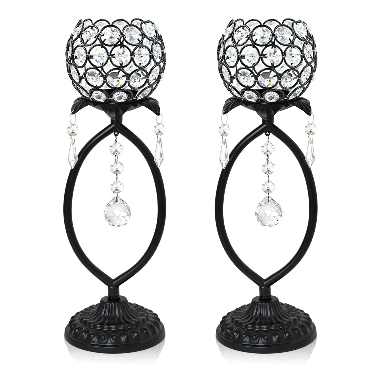 kehail 2 Pcs Elegant Metal Crystal Tea Light Candle Holders with Crystal Pendants, Hollow Design - Wedding Table Centerpieces for Anniversary Birthday Party, Home Decor (2, Black)