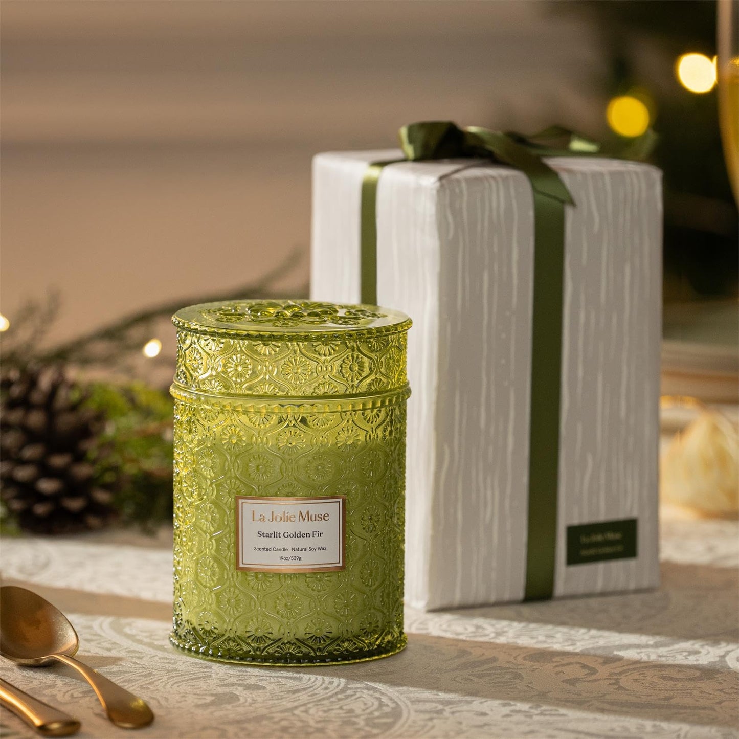 LA JOLIE MUSE Starlit Golden Fir Candle – Pine, Cedarwood, Fir Balsam | 19 oz Large Wooden Wick Candle | Natural Soy Wax | 90 Hours Clean Burn | Gift-Ready for Hosts & Gatherings