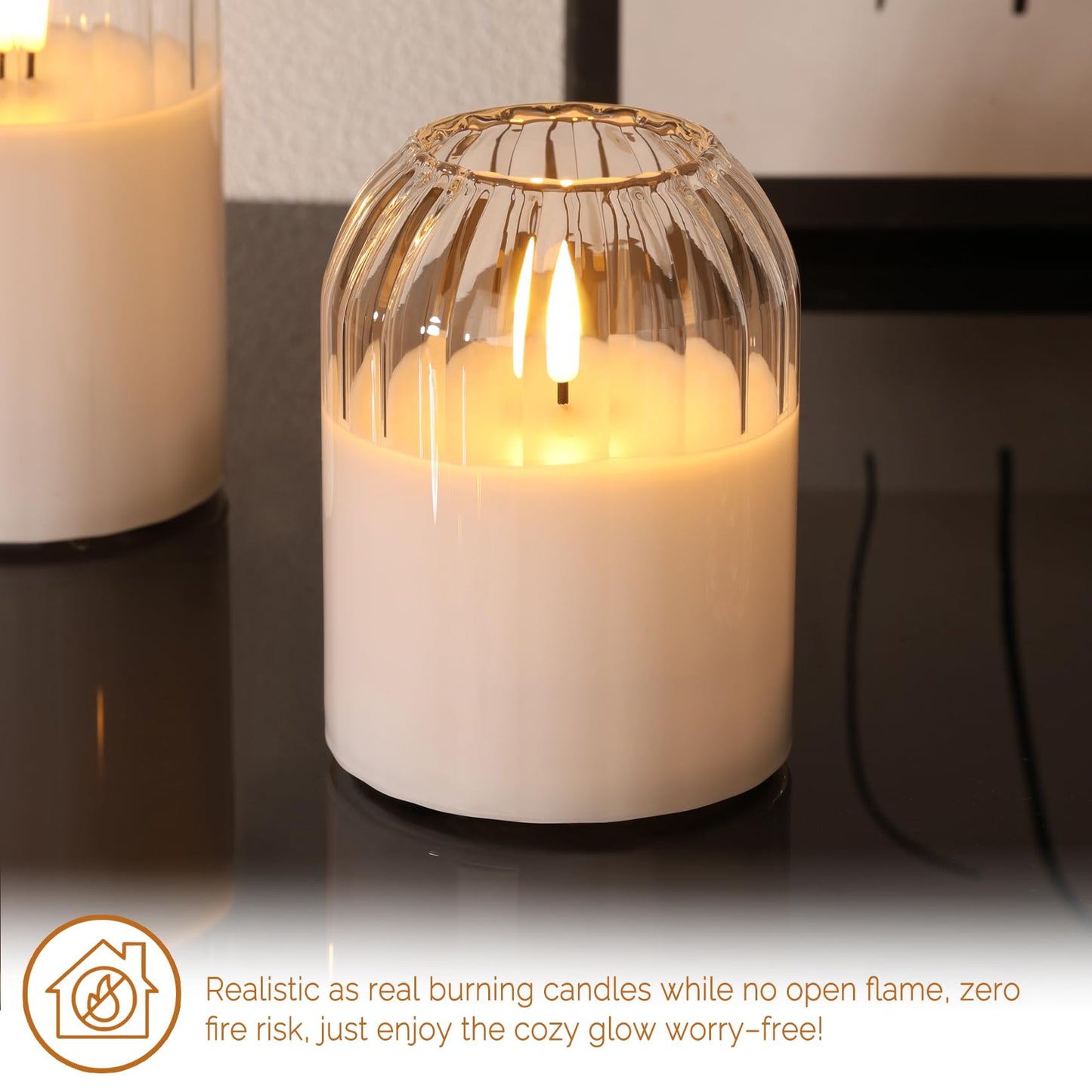 Girimax Clear Glass Flameless Candles with Remote, Flickering LED Pillar Candles Battery Powered Ribbed Dome Top Set of 3