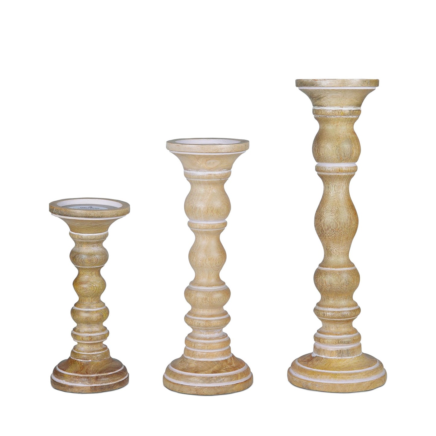 “Willow” Candle Holders for Pillar Candles (Whitewash, Set of 3) - Mangowood Candle Stand - Farmhouse Wooden Candle Holders Pillar -Candle Holder Decor for Fireplace or Table Centerpiece -9”, 12”, 15”