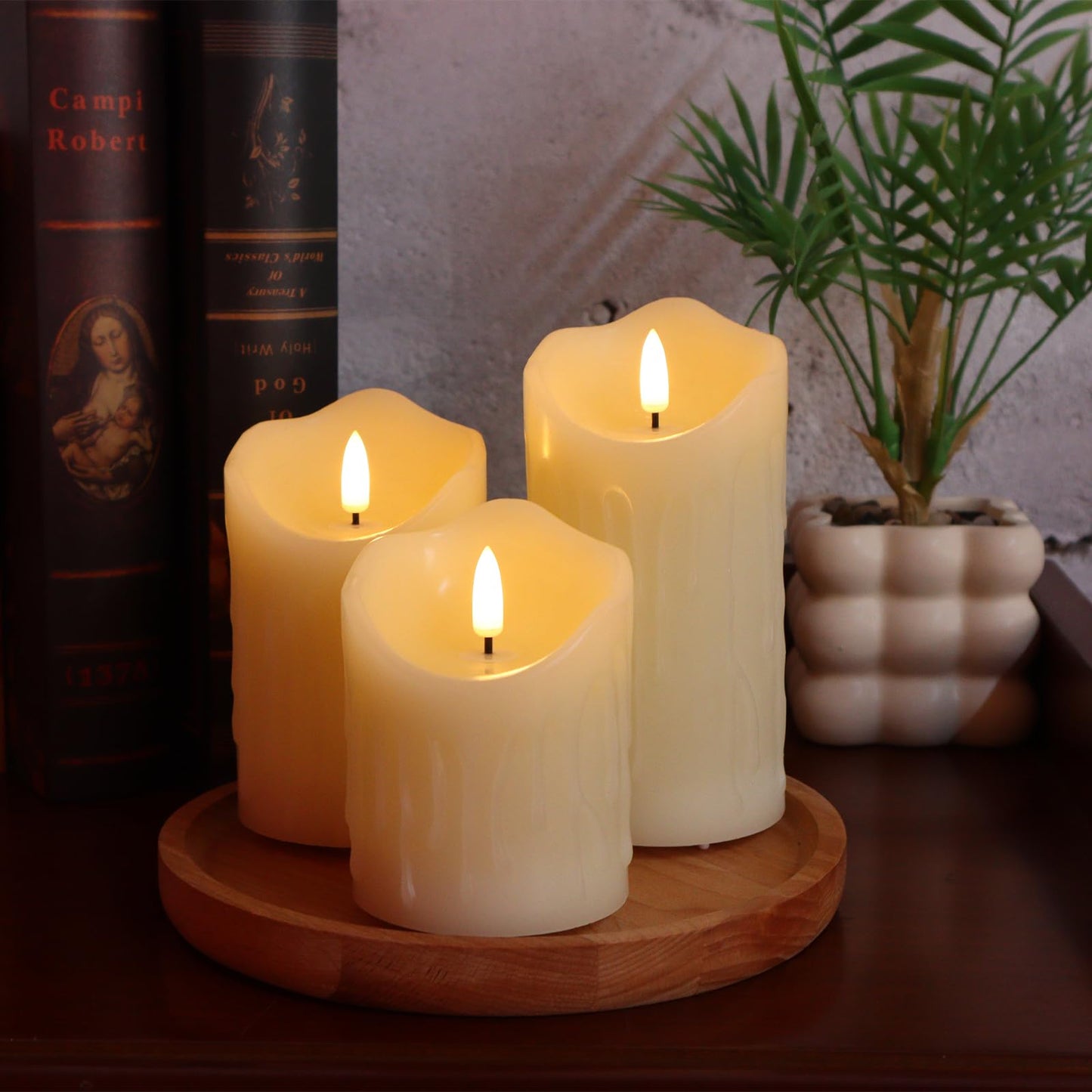 Warmhere Rechargeable Flameless Candles, Flickering LED Candles with Remote and Timer, Long Lasting Ivory Real Wax Electric Pillar Candle for Christmas Home Wedding Decorations, Set of 3