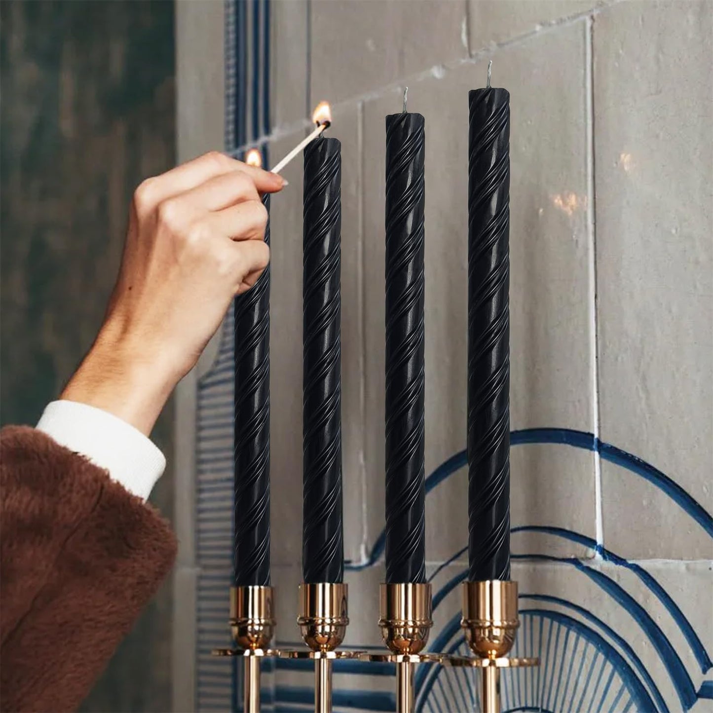 Dripless Twisted Long Taper Candles Black Unscented Ribbed Candle Sticks 10 Inch Smokeless Dinner Candlesticks Long Burning for Party Art Home Decor 6 Pcs