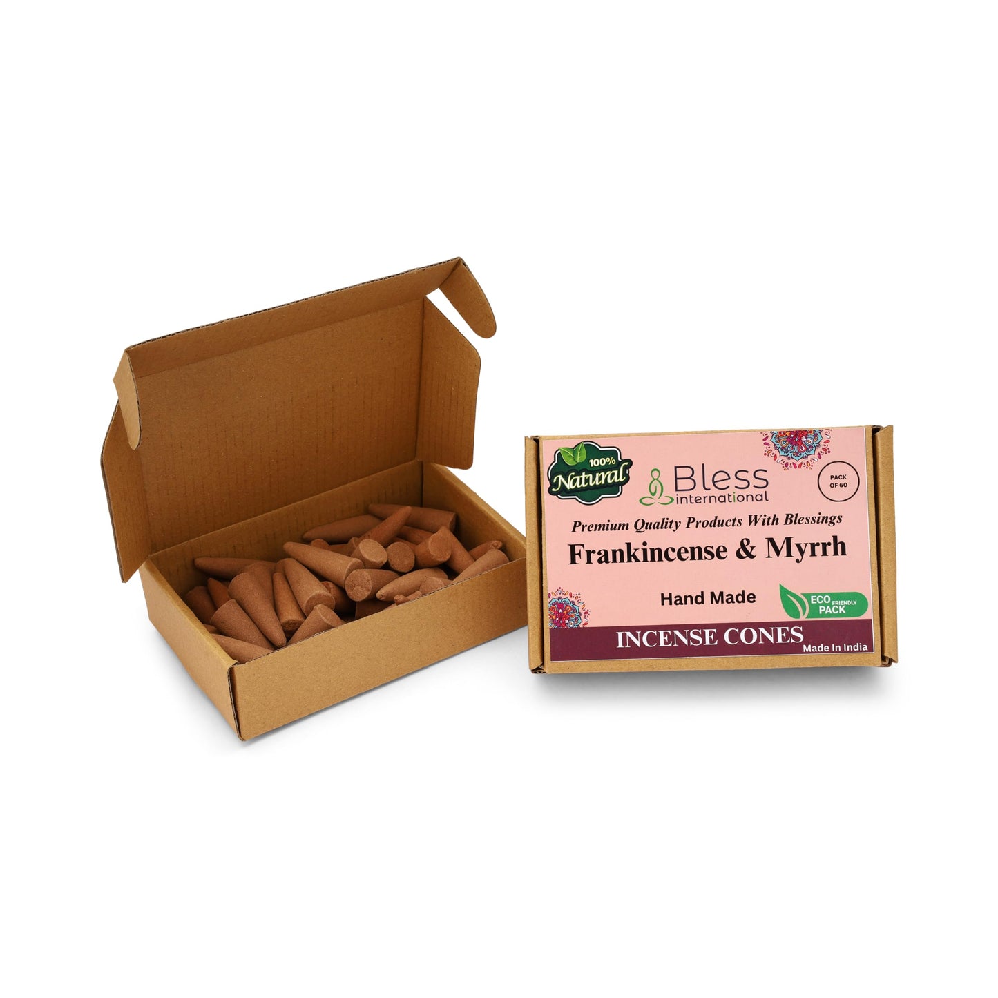 Bless International Frankincense-and-Myrrh 100%-Natural-Incense-Cones Handmade-Hand-Dipped Organic-Chemicals-Free for-Purification-Relaxation-Positivity-Yoga-Meditation The-Best-scents (60 Count)