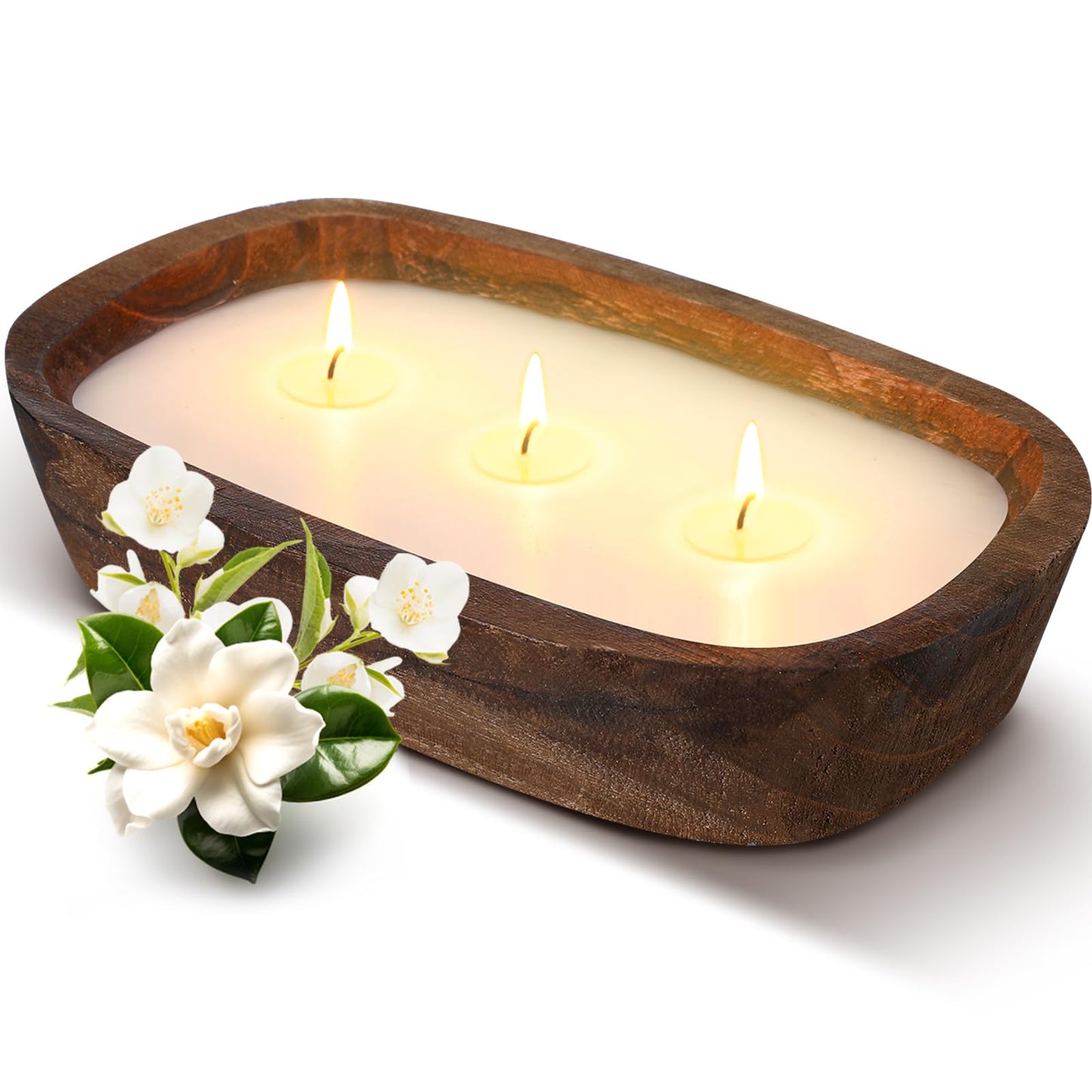 Threlaco 1 Pack 10 Inch Wood Dough Bowl Candles Home Rustic Dough Bowl Soy Candle 3 Wick Scented Candles Gifts for Men Women Farmhouse Table Centerpiece Home Decor for Christmas(Jasmine Gardenia)