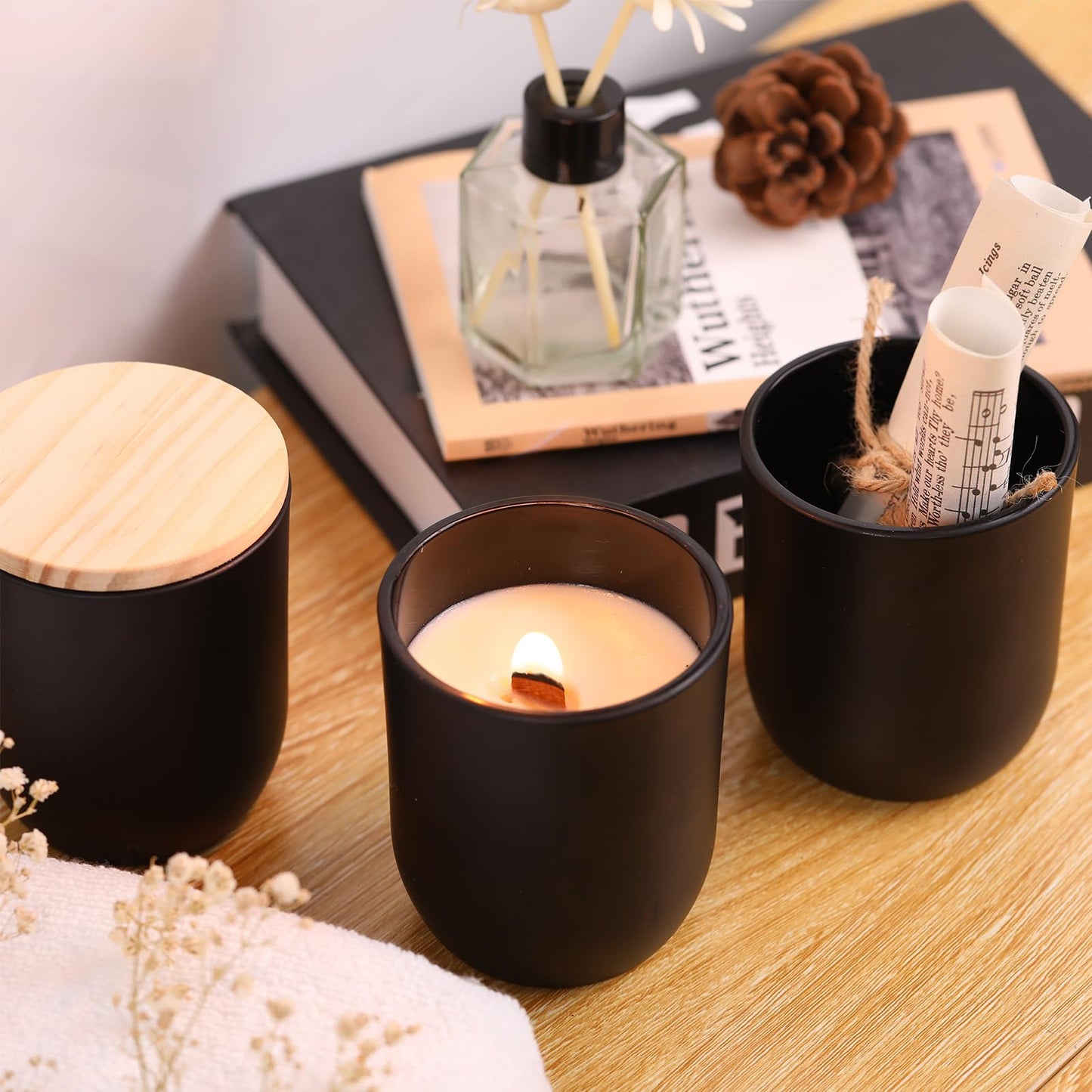 LETINE Matte Black Glass Candle Jars with Lids - 12 Pack, 8 oz Each, Perfect for DIY Candle Making & Storage