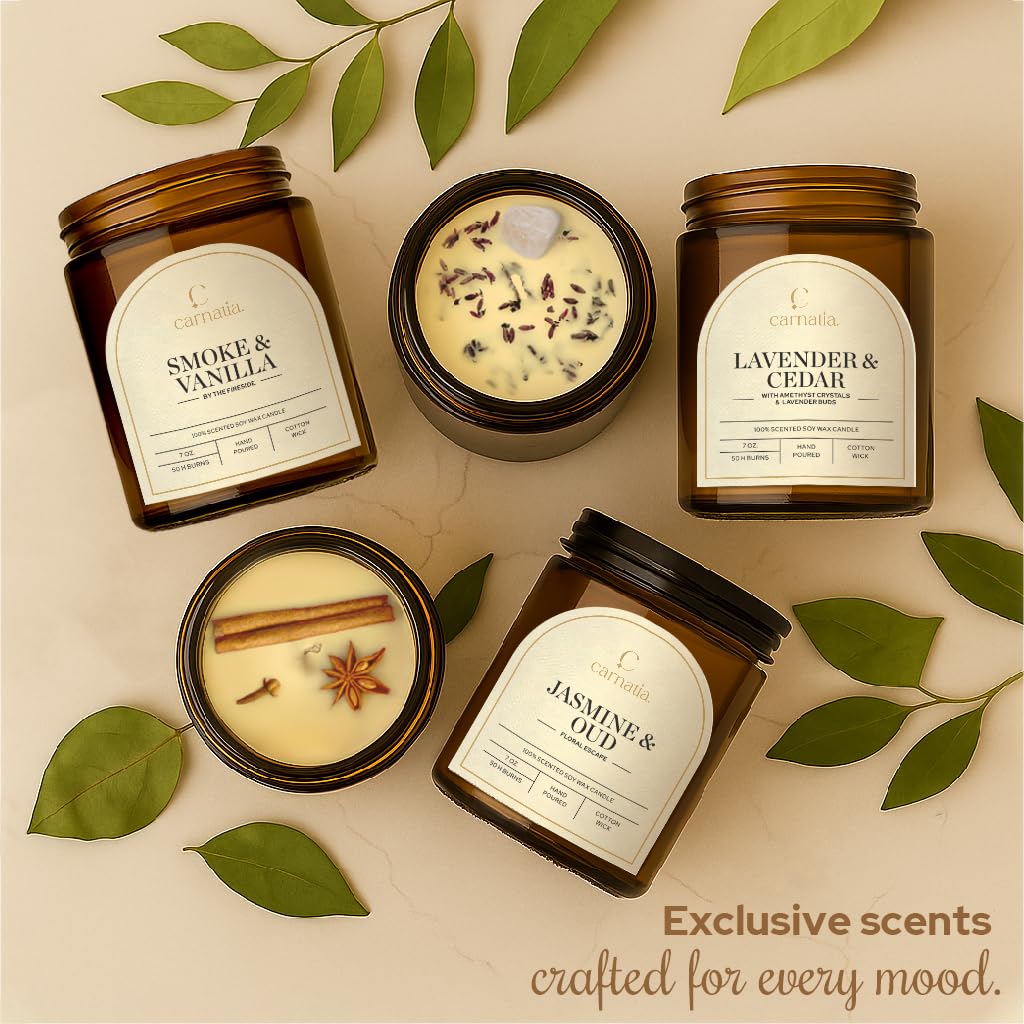 Carnatia Smoke & Vanilla Scented Candle – 7 oz | 100% Soy Wax with Cotton Wick | 50 Hour Burn | Aromatherapy Candle for Home, Cozy Mood & Relaxation | Gift for Women & Men