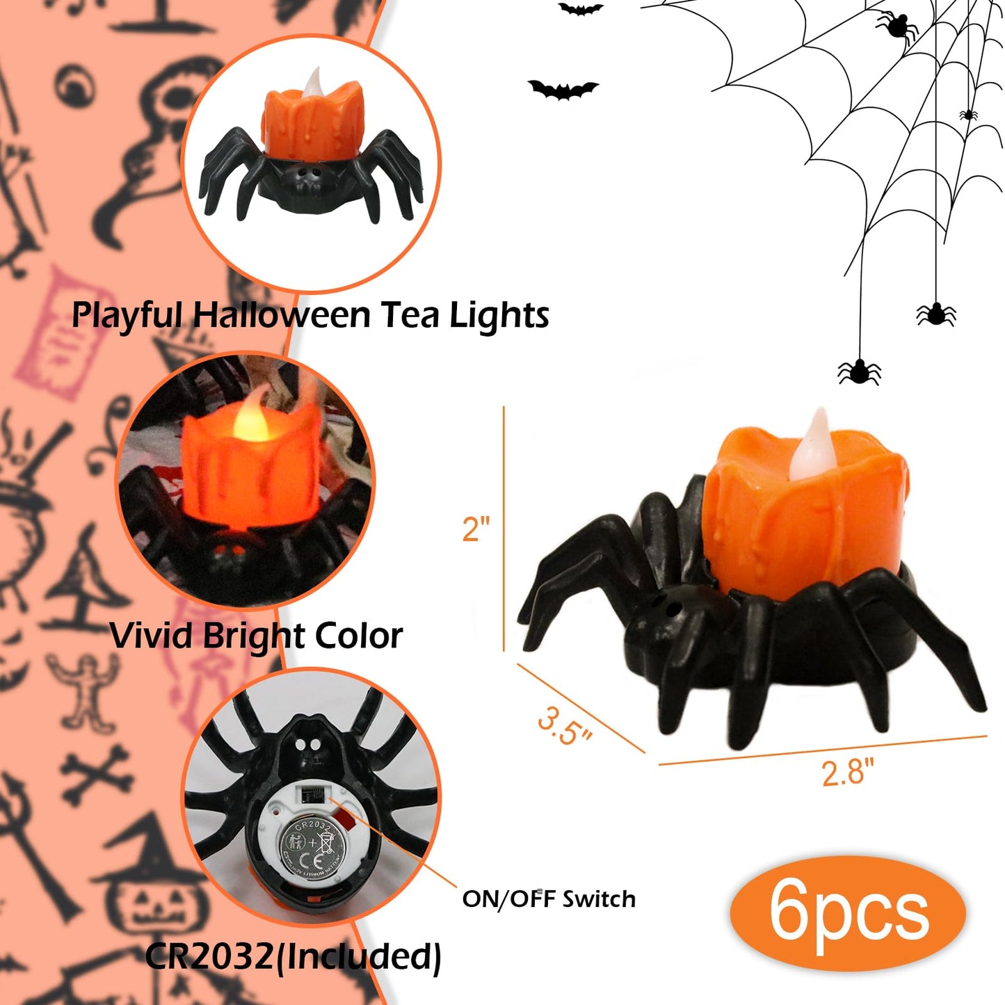 Lasumora Halloween Decorations Tea Lights Candles with 6H Timer, 6 PCS Φ 1.6" H 1.6" Battery Operated Halloween Candles Flameless LED Candle Holders Flickering Table Party Halloween Decor Indoor