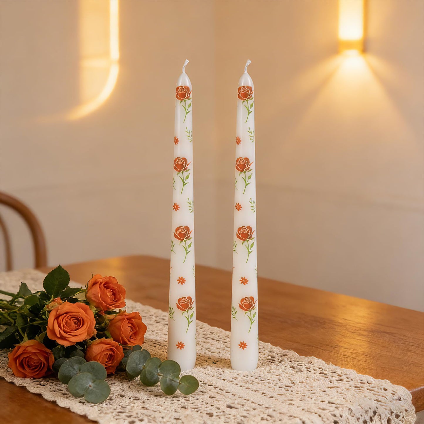 Taper Candles,10 inch 2pc White Tapered Candles with Red Rose Printed, Unscented and Smokeless Long Burning Candles,Tall Candlesticks with Cotton Wicks,Ideal for Weddings, Home Décor