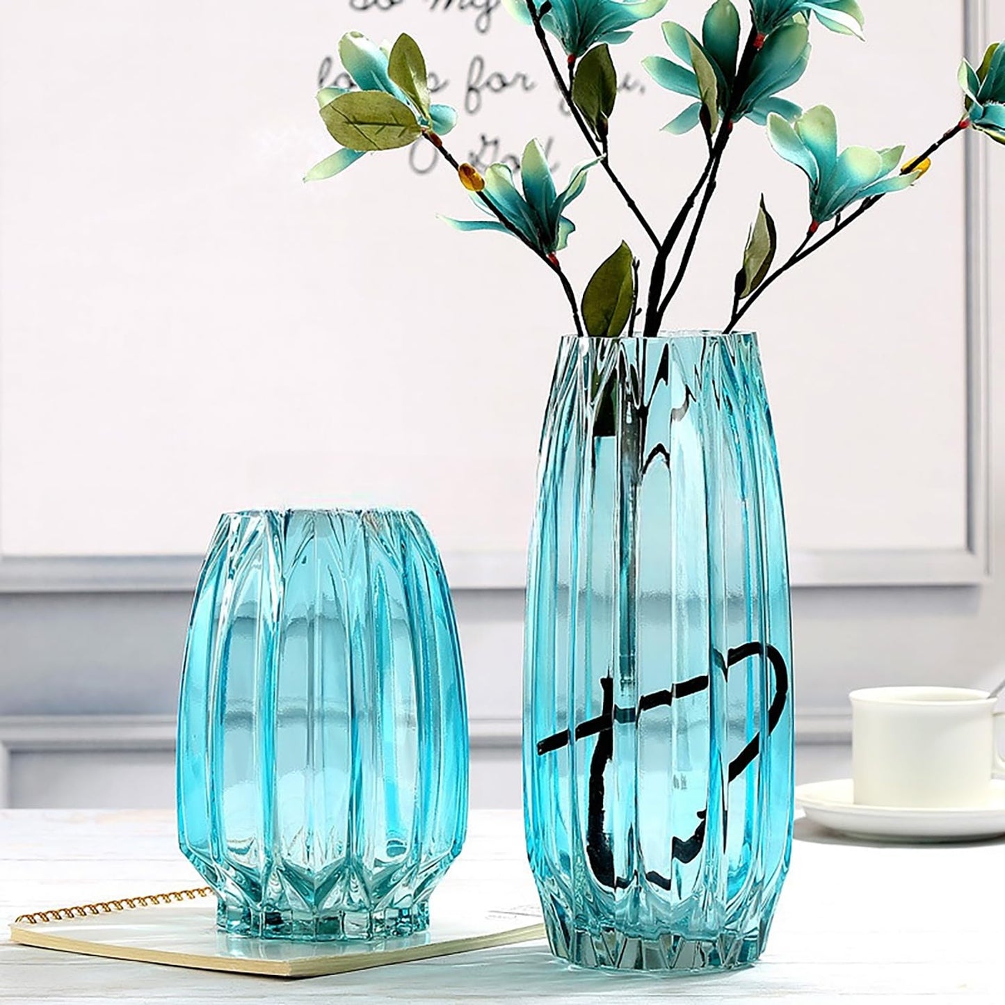 Lucky Bird Modern Ribbed Blue Glass Vase for Flowers, Candles, and Decorative Accents - Tall/Short for Centerpieces and Table Decor (12.0inch)