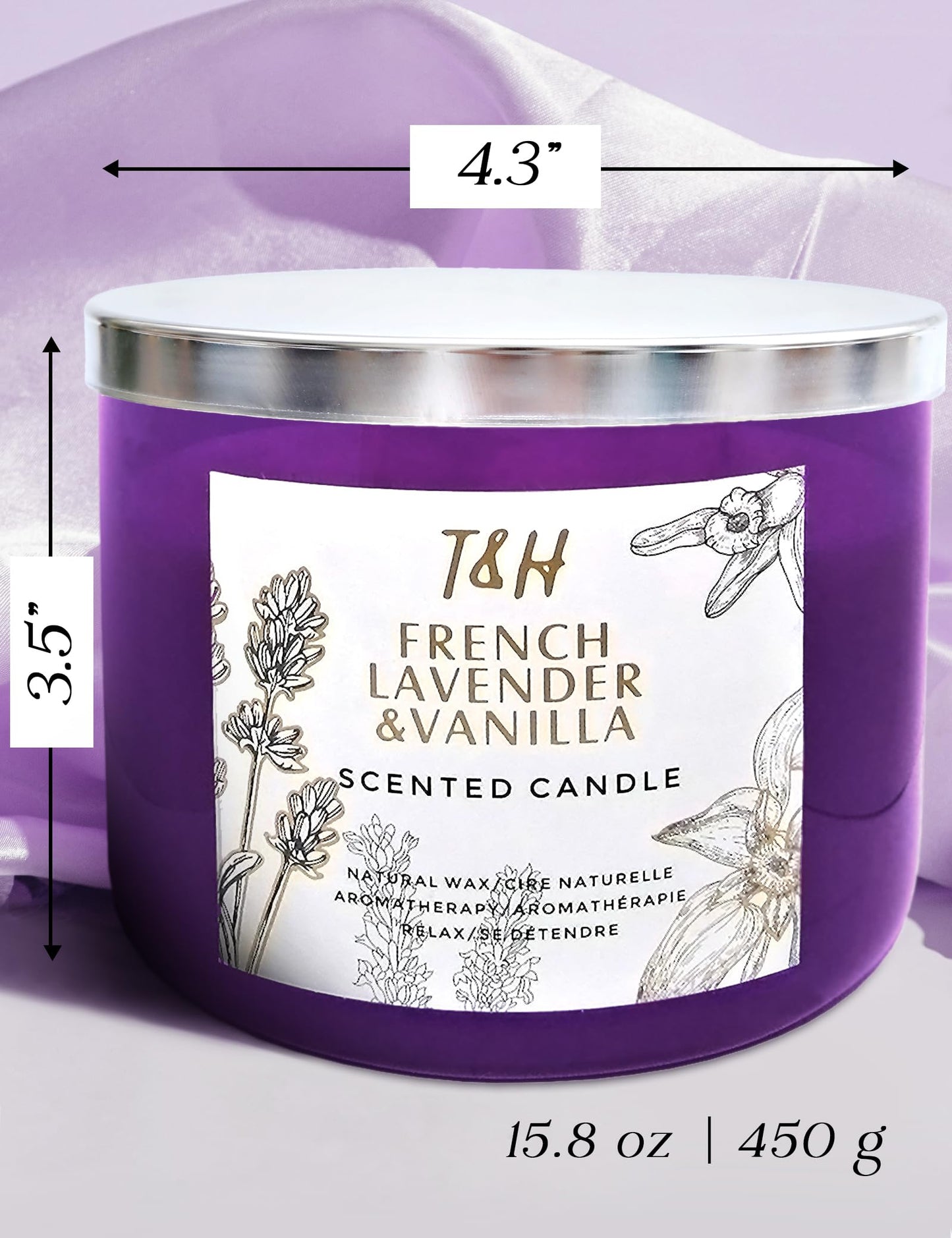 French Lavender Vanilla 3-Wick Scented Candle | 15.8 oz Large Soy Aromatherapy Candle for Home | Clean Burn Long Lasting | Relaxing Floral Vanilla Scent | Cozy Gifts for Women & Men