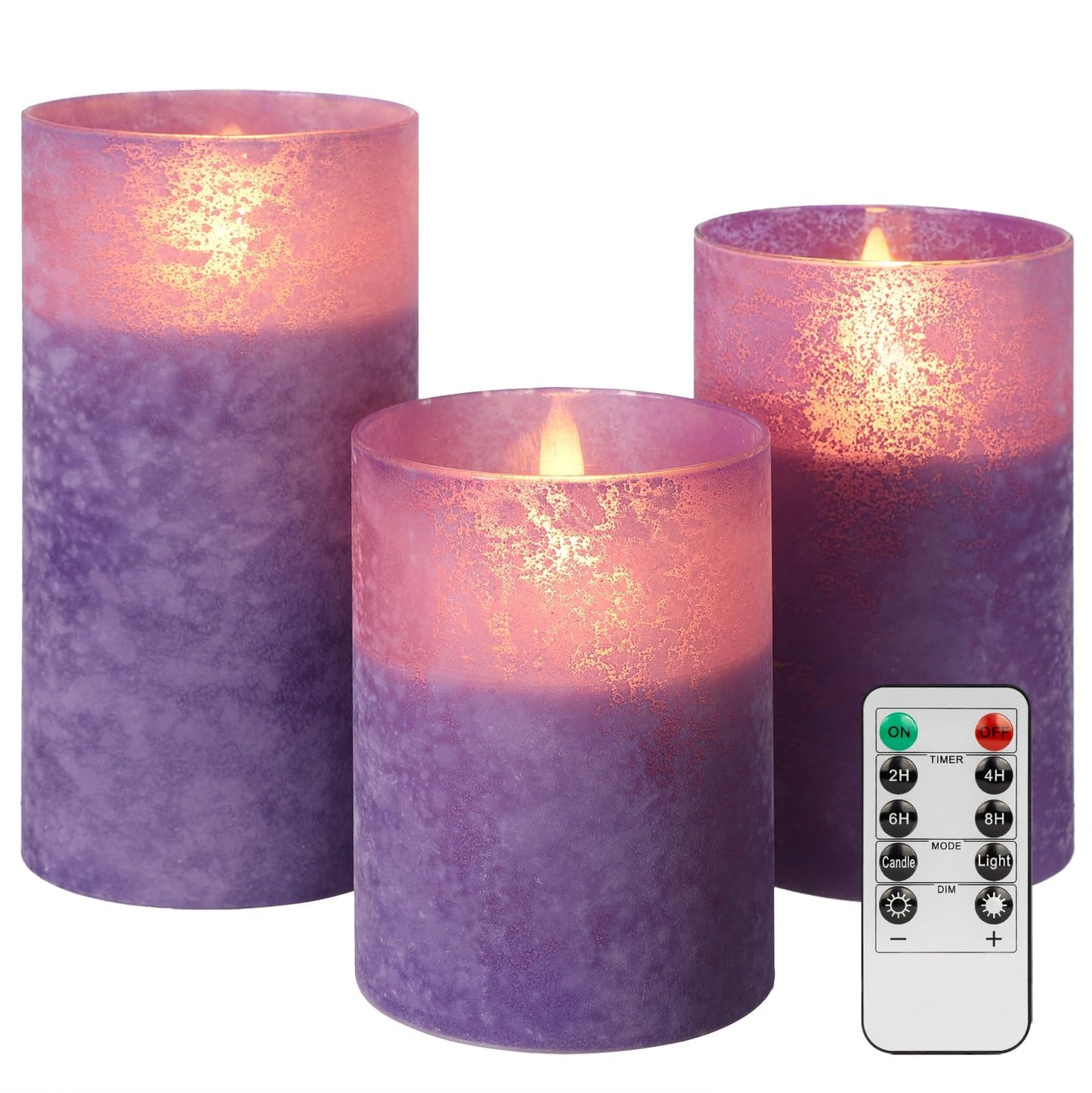 ANGELLOONG Purple LED Candles for Home Decor, Glass Flameless Candles with Remote, Set of 3 Battery Operated Pillar Candle for Fall Halloween Decoration