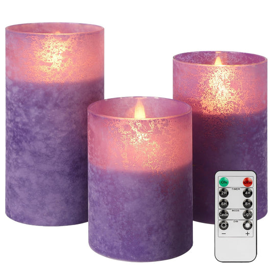 ANGELLOONG Purple LED Candles for Home Decor, Glass Flameless Candles with Remote, Set of 3 Battery Operated Pillar Candle for Fall Halloween Decoration