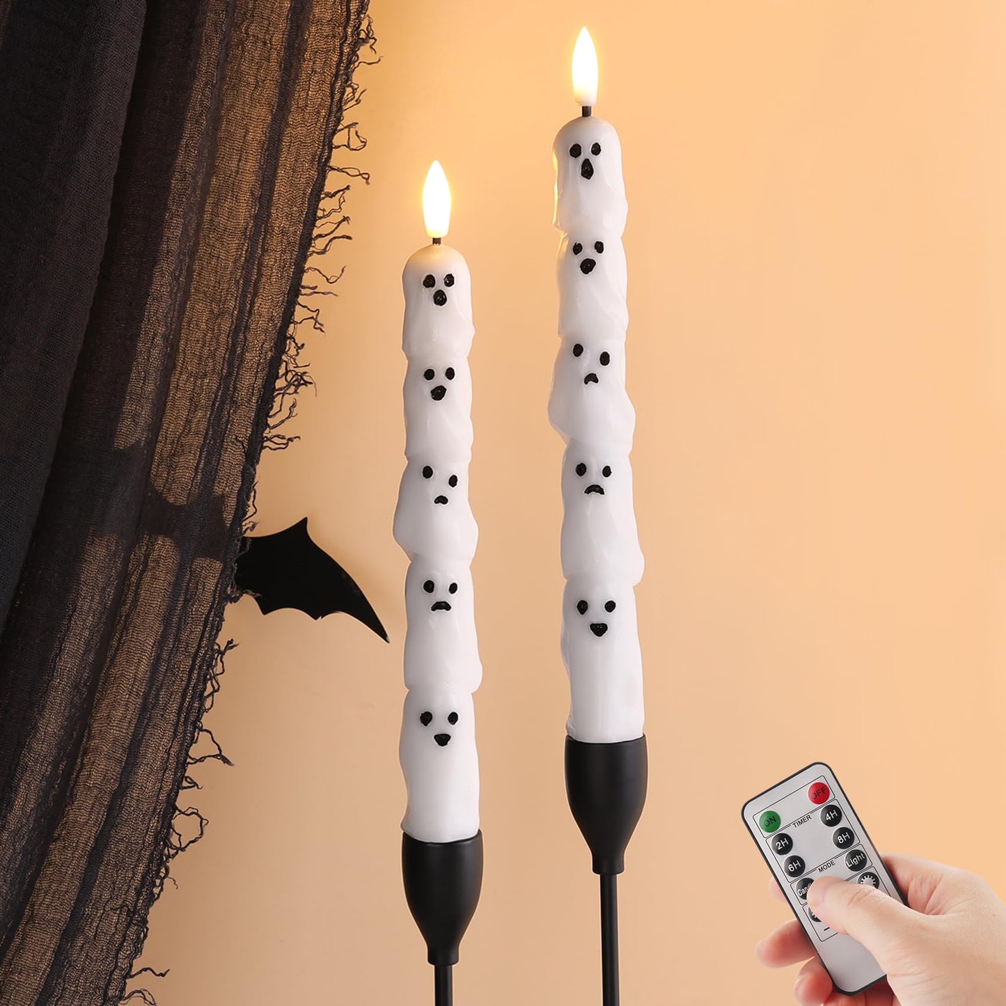 Eywamage Halloween Flameless Taper Candles with Remote, White Ghost LED Candlesticks Battery Operated Flickering Real Wax Set of 2