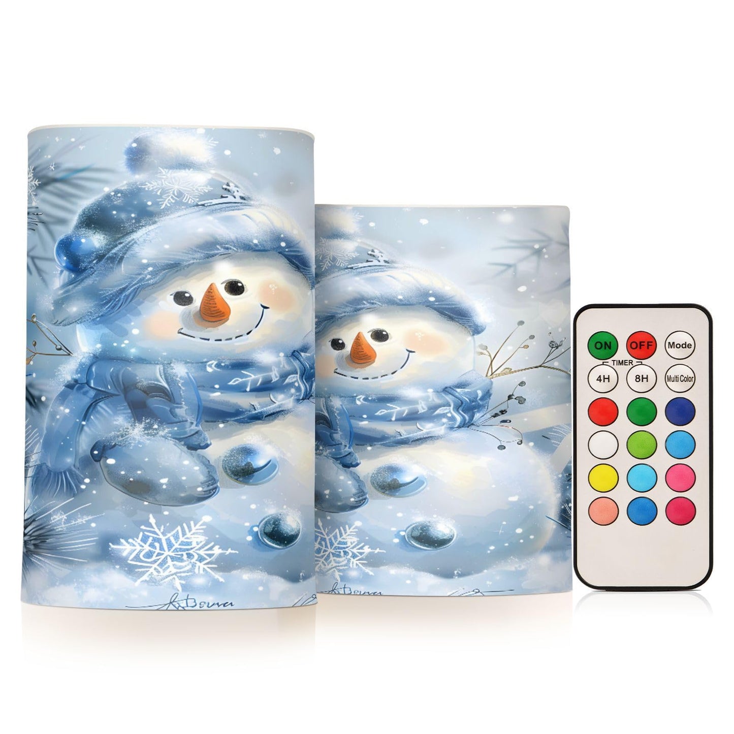 ALAZA Blue and Silver Christmas Snowman Flickering Flameless Candles Battery Operated with Remote Timer,Tea Light Candles LED Pillar Votive Candles Set of 2 for Outdoor Indoor Decorations