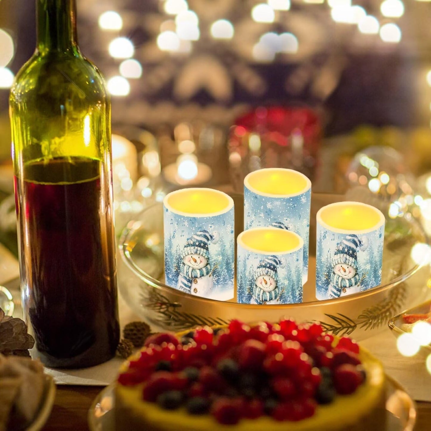 NETILGEN Christmas Holiday Decorative Flameless Candles with Battery Powered Multicolor Lights Timer Remote Control Candles Set of 4 Blue Snowman