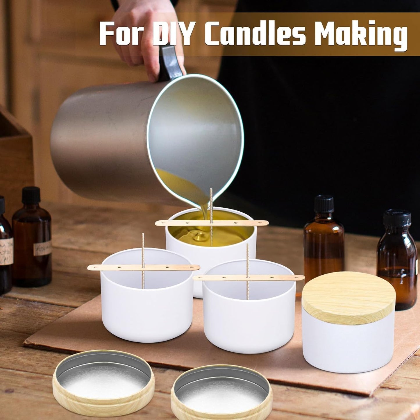 YJHSS 24-Pack 8oz Candle Tins with Wood-Grain Printing Lids, Metal Candle Jars for Candle Making, Empty Containers Vessels Bulk for Small Business & Beginners DIY Storage -Wood White