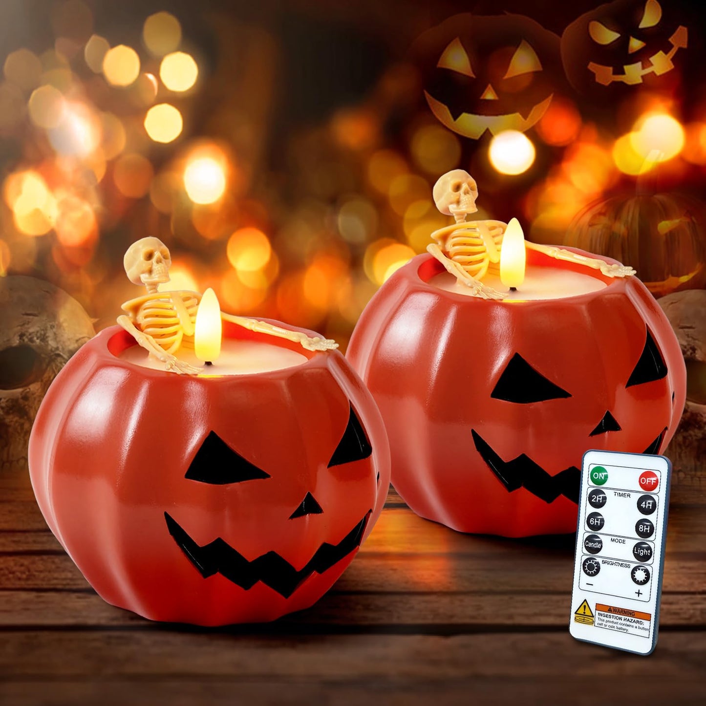 Homemory Halloween Flameless Pumpkin Candles, 2Pcs LED Real Wax Pumpkin Lamp with Skeleton, Flickering Battery Operated Candles with Remote for Halloween Decor, Theme Party, Holiday Gift, Orange
