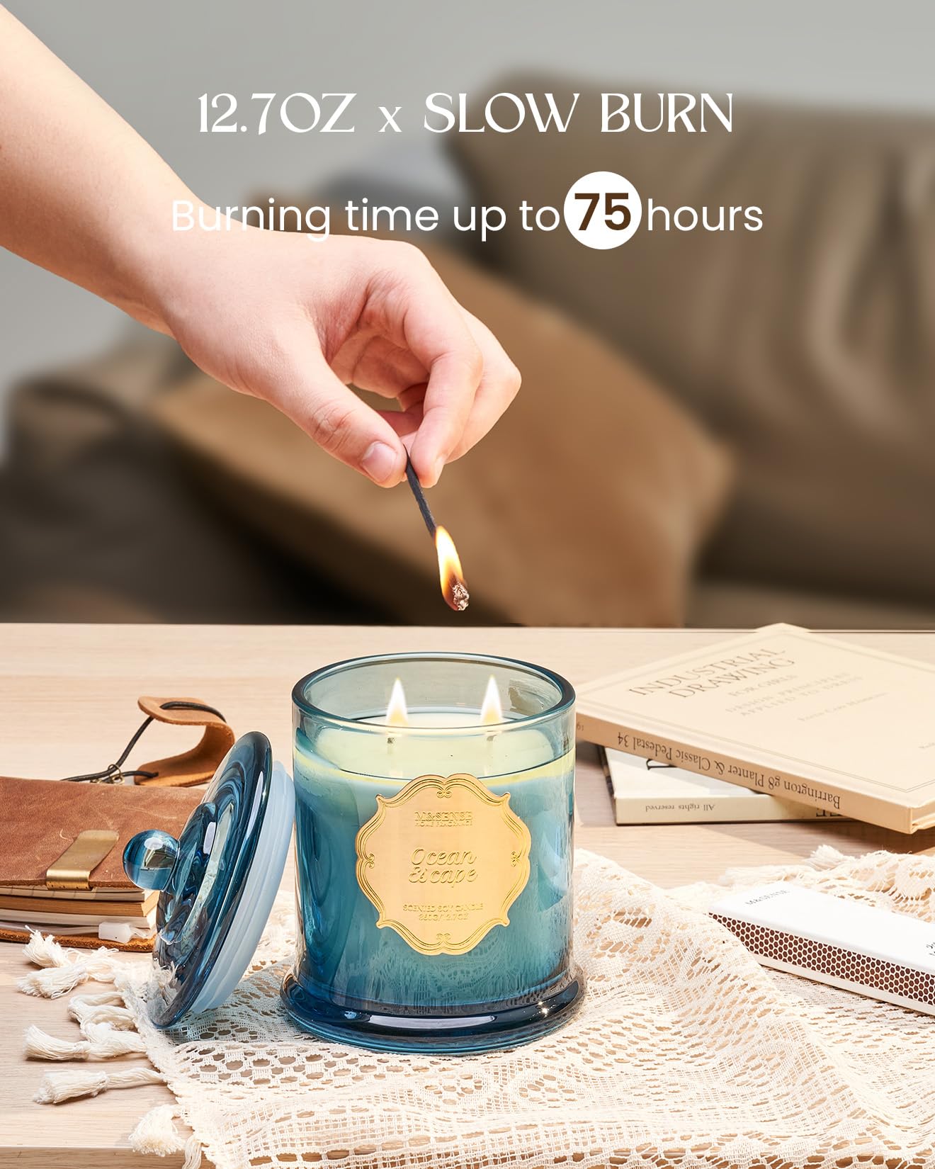 M&SENSE Ocean Escape Soy Candle,Non Toxic 12.7oz 75H Slow Burn, Coastal Sea Breeze Summer Aroma, Housewarming Gifts