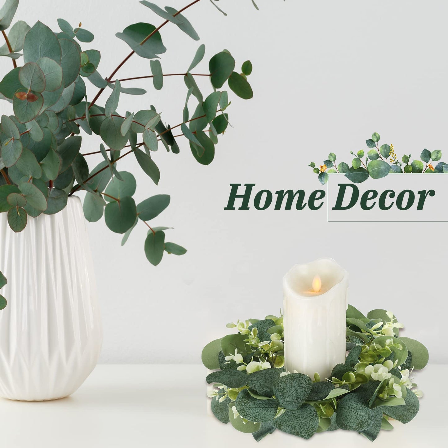 Waydress 8 Pcs Candle Rings Artificial Eucalyptus Leaves Candle Wreaths 10 Inch Boho Greenery Wreaths Rings for Pillars Candleholders for Wedding Party Home Table Door