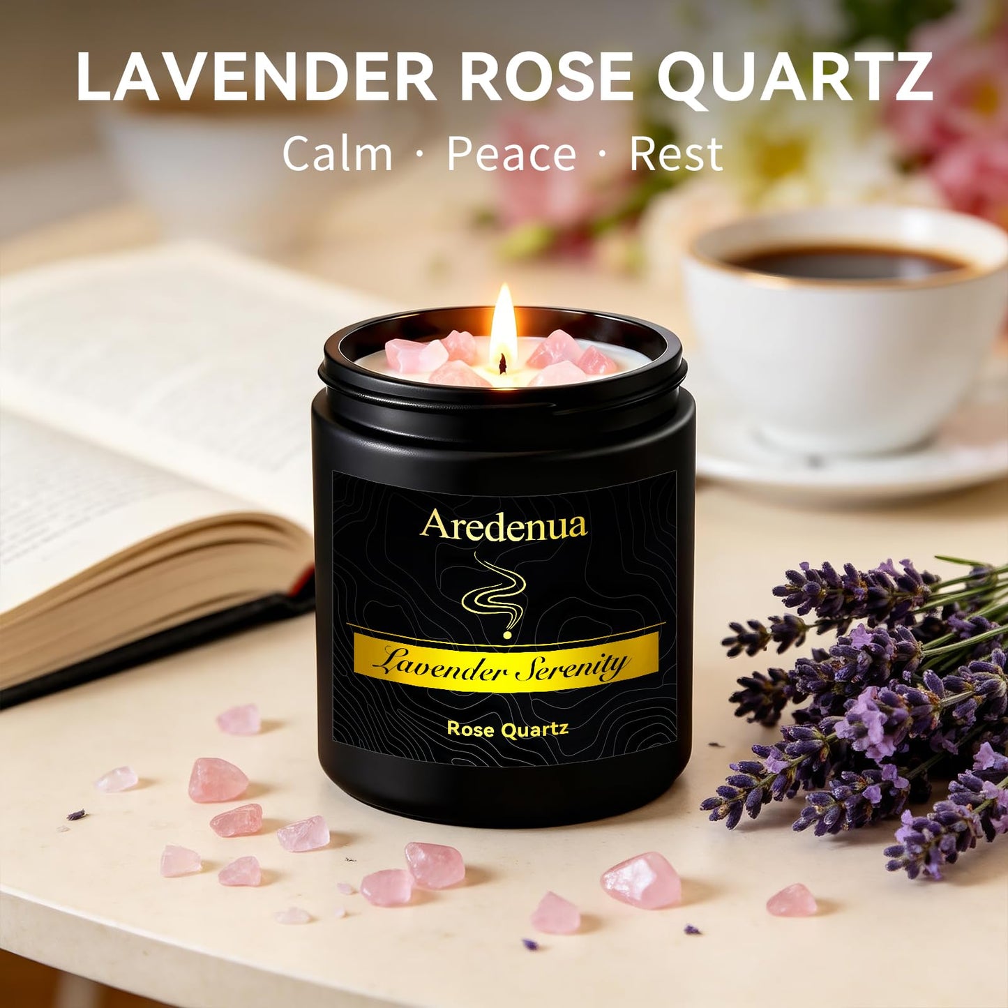 Aredenua Lavender Candle for Sleep and Stress Relief, Rose Quartz Crystal Healing Candle with Natural Soy Wax, Scented Candle for Relaxation, 7oz Long Lasting 50 Hours, Calming Gifts for Women Men