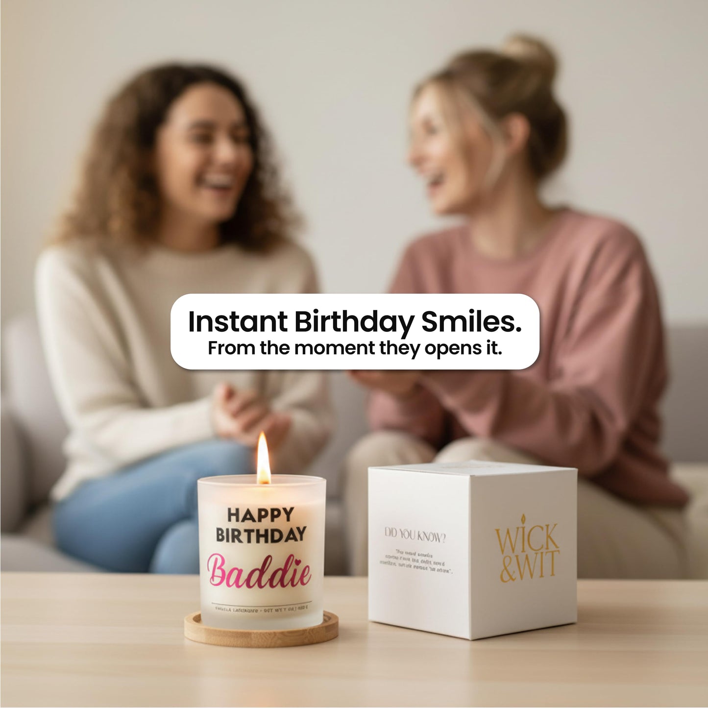 Best Friend Birthday Gifts for Women – Happy Birthday Baddie Soy Candle Gift Set, Vanilla Lavender, 50+ Hour Burn, Ready to Gift Box by Wick and Wit