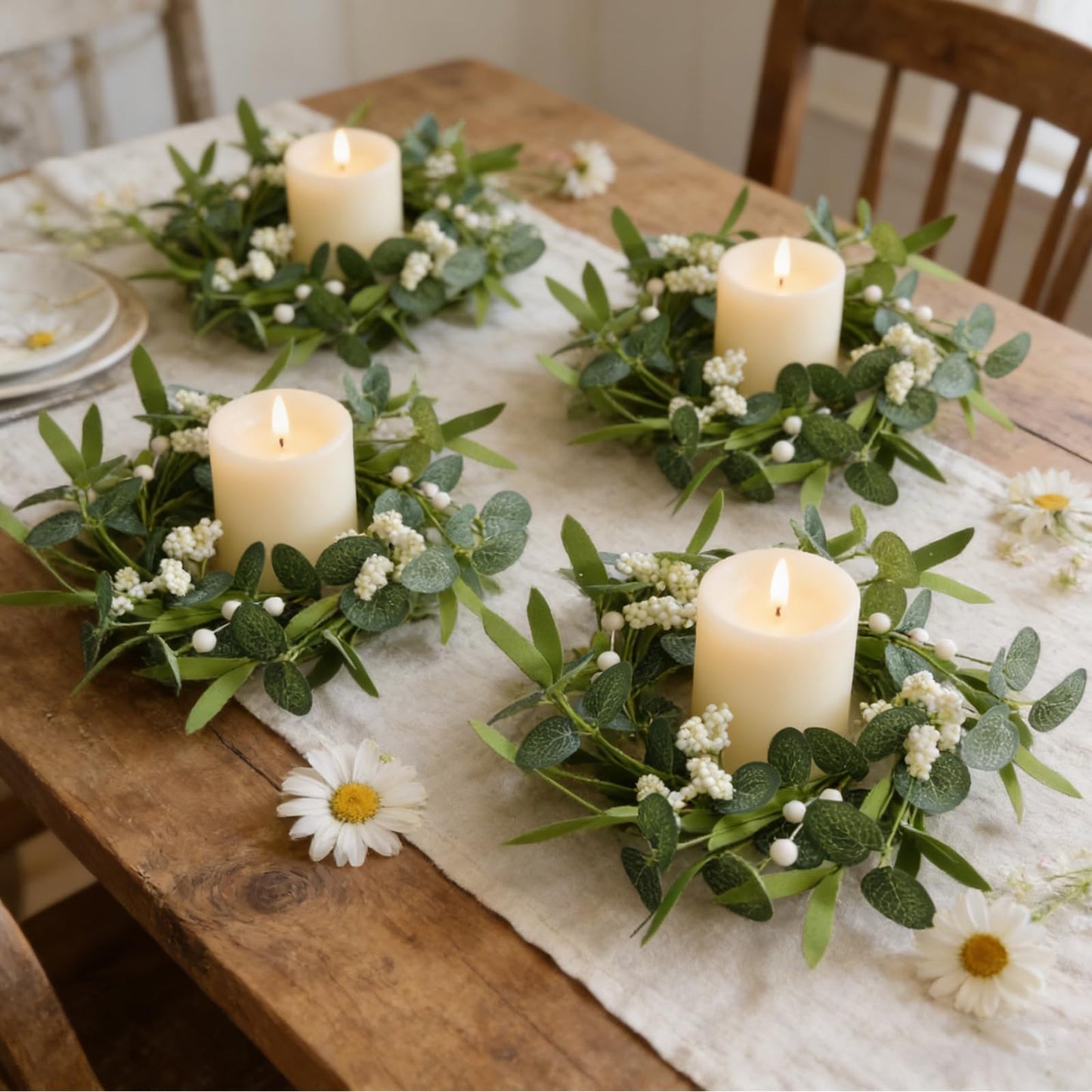 6 Pcs Green Artificial Eucalyptus Candle Rings Wreaths Mini Green Summer Kitchen Cabinet Wreath Table Centerpieces with White Berry for Pillars Farmhouse Porch Front Door Wedding Decor
