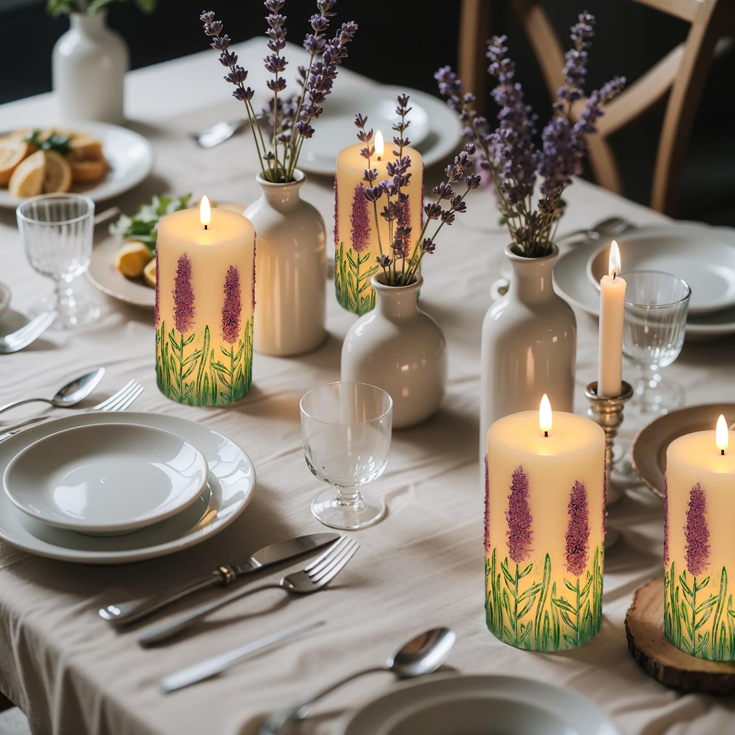Lasumora Lavender LED Candles with 6H Timer, flameless Candles with Flickering Flame, Waxy Pillar 2 Pack Flickering Unscented Home Holiday Decoration (3 inches x 6.5 inches)