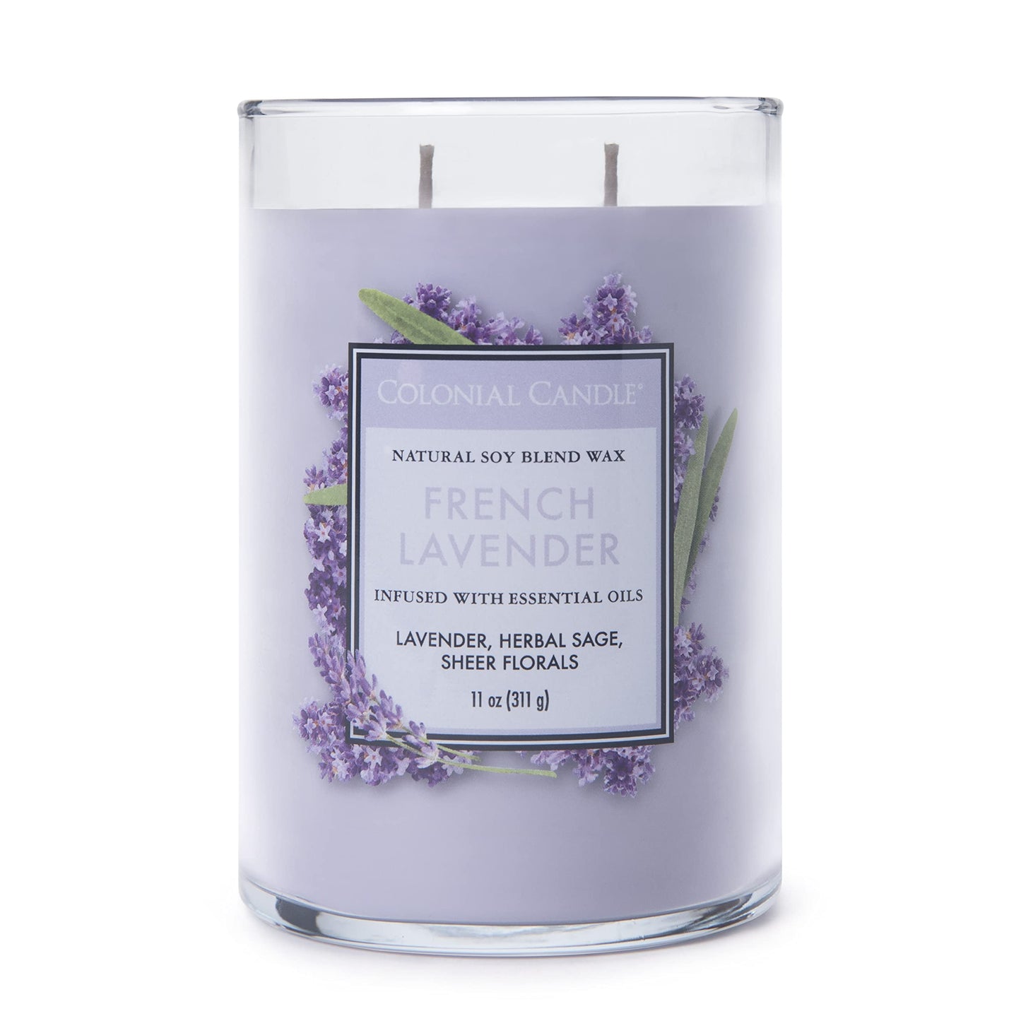 Colonial Candle French Lavender Scented Jar Candle, Classic Cylinders Collection, 2 Wick, Purple, 11 oz - Up to 80 Hours Burn