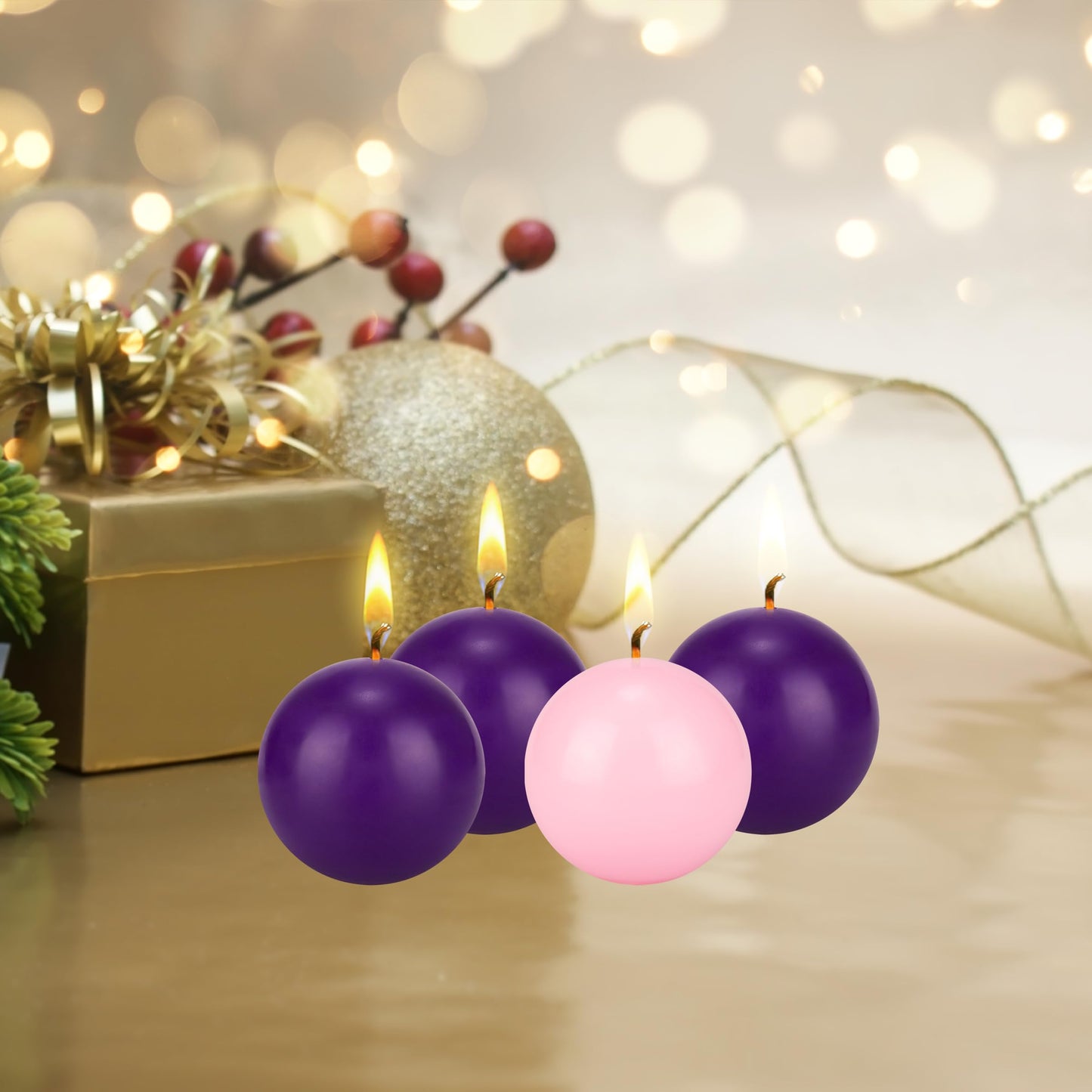 Mega Candles 4 pcs Unscented Christmas Advent Candles Set, Hand Poured Premium Wax Round Ball Candle 3 Inch Diameter, Holidays, Festivities, Devotional, Church, Wreath, Party, Gifts
