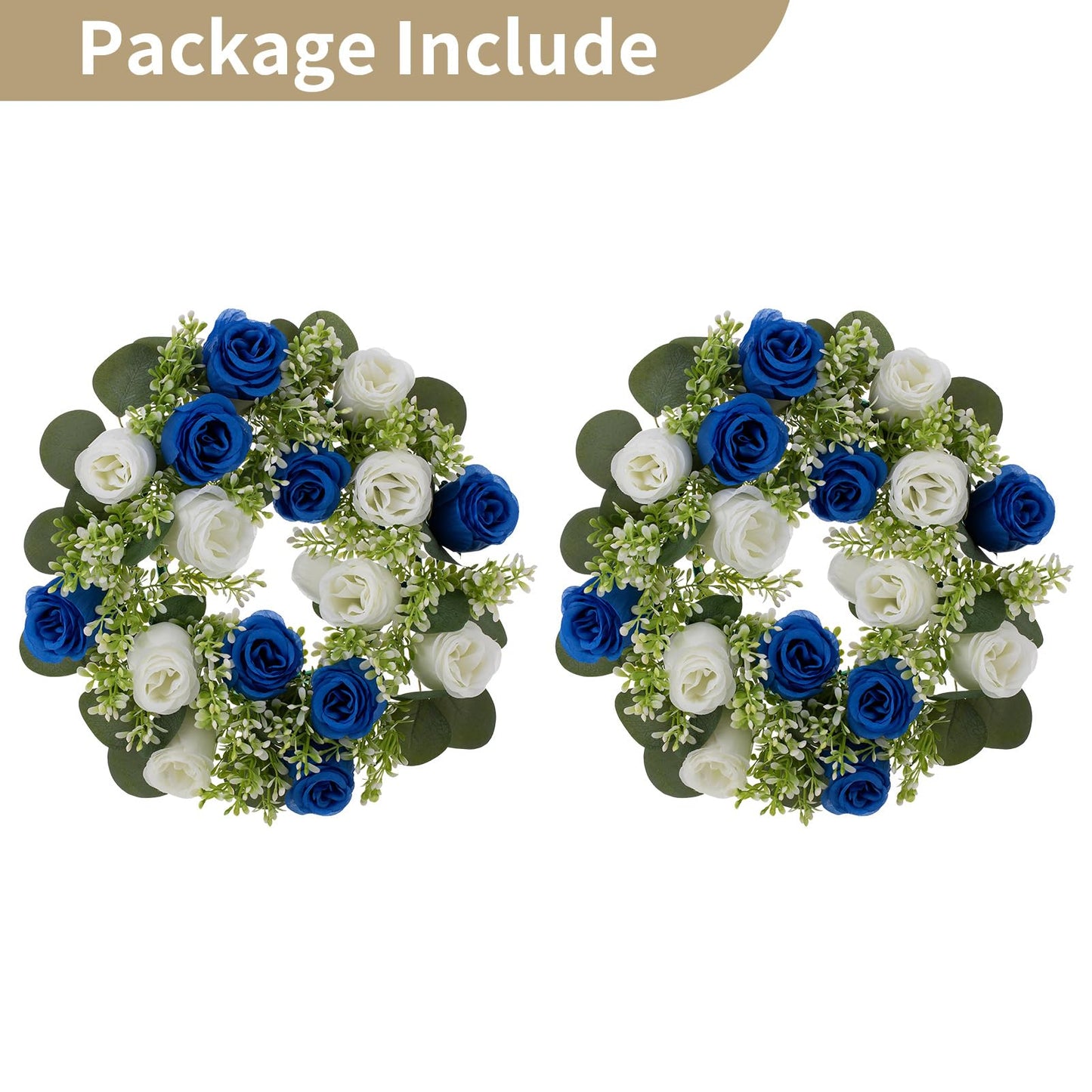 NUPTIO Flower Candle Rings for Centerpieces: 13.4 Inch Rose Wreath for Wedding Party Christmas - Royal Blue & White Wreaths for Spring Summer Front Door Porch Table Decor 2 Pcs