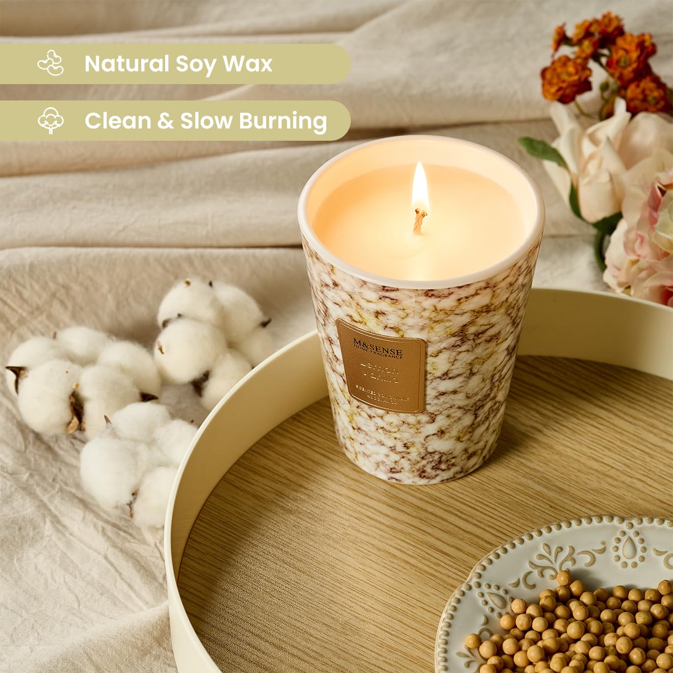 M&SENSE Lemon Vanilla Scented Soy Candle, 3 Wick Highly Scented 14.1 Oz 75H, Aromatherapy Christmas Gift for Women and Men